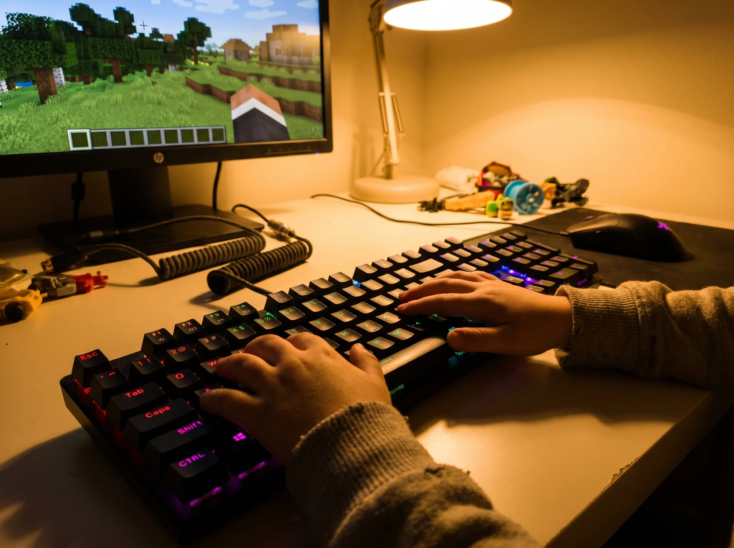 A close-up of a kid's hands on a gaming keyboard with a blocky Minecraft world on the monitor, soft desk lamp glow, shot on i