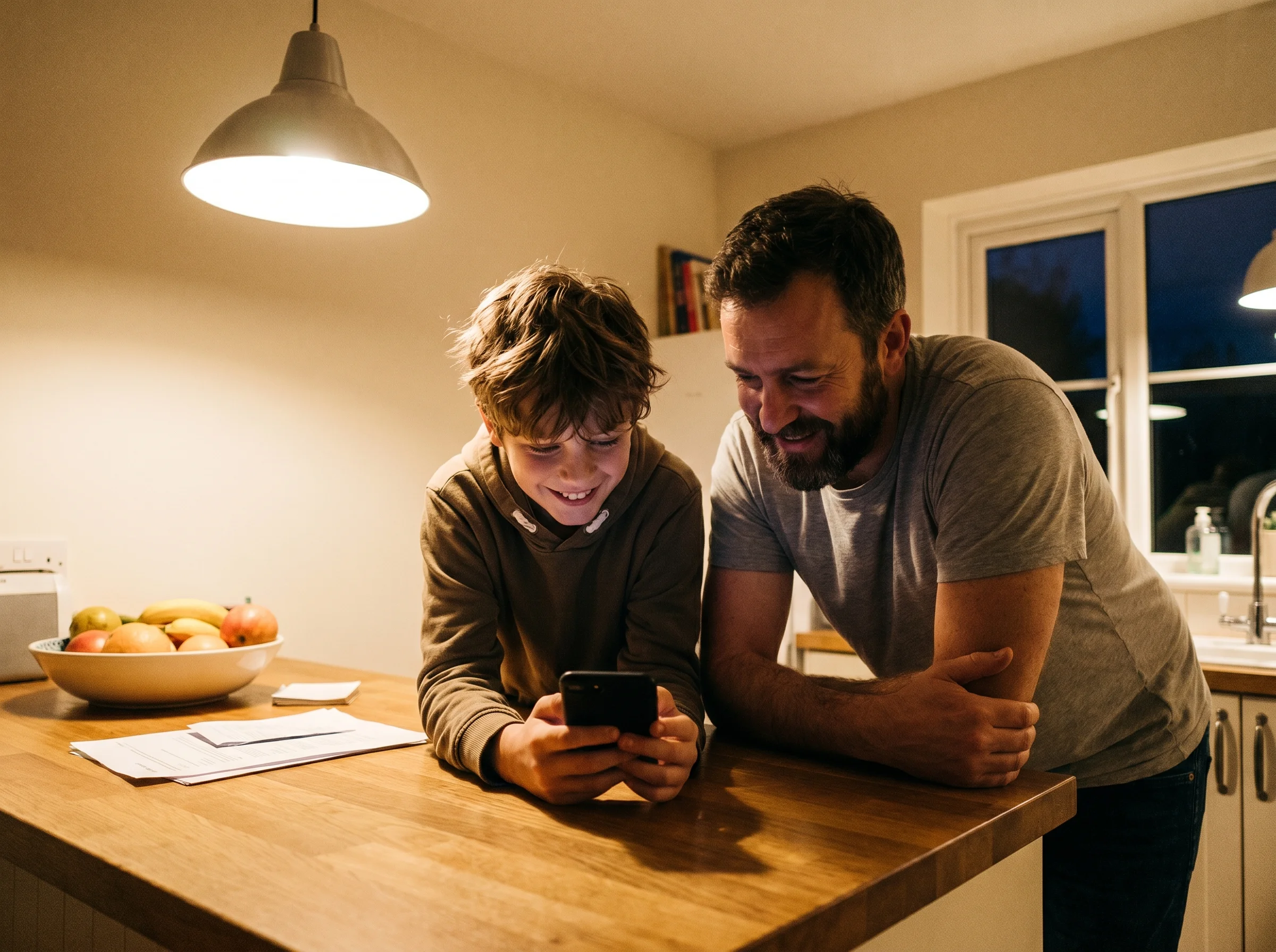 A tween showing his dad something on a phone screen at the kitchen counter, both leaning in, casual evening moment, shot on i