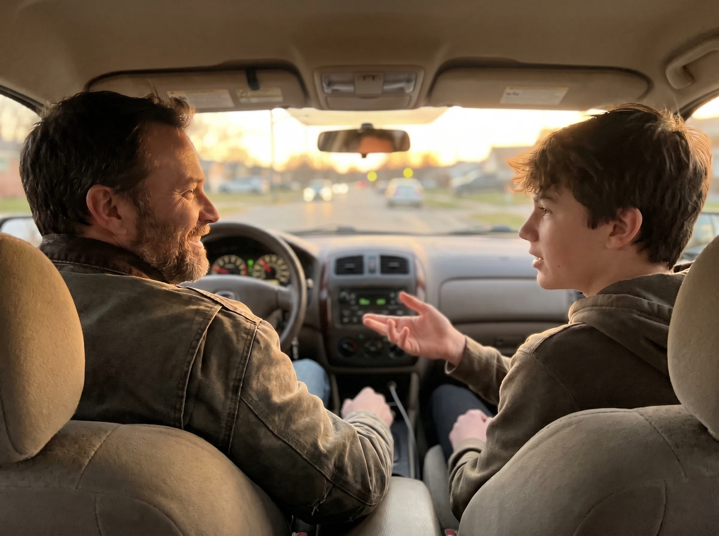 A dad and son in the front seats of a car at dusk, dad driving, son in the passenger seat mid-sentence, both relaxed, shot on