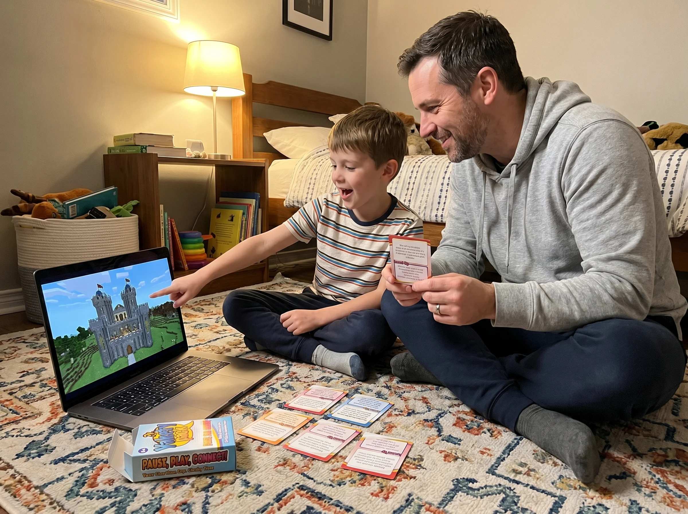 A father and son sitting cross-legged on a bedroom floor, laptop between them displaying a Minecraft build, son pointing at t