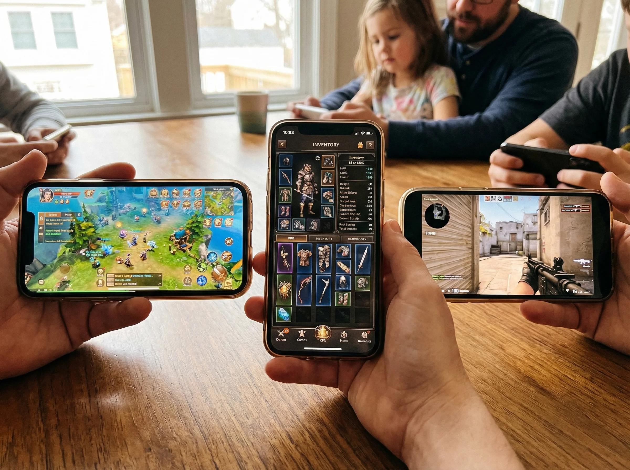 Three phone screens side by side showing different game types - a colorful MMO world map, an RPG character inventory screen,