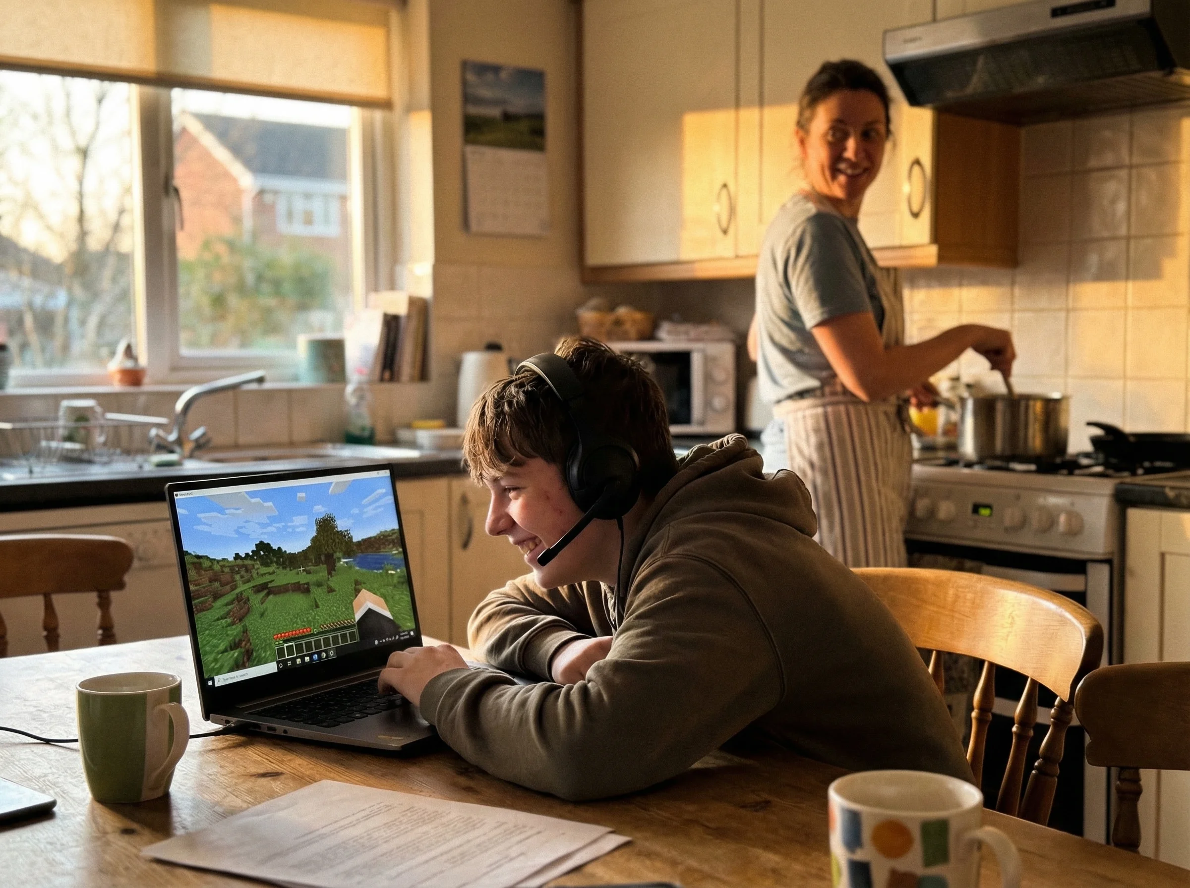 Kitchen table with teenager on laptop playing Minecraft, chatting happily with headset on while parent makes dinner in backgr