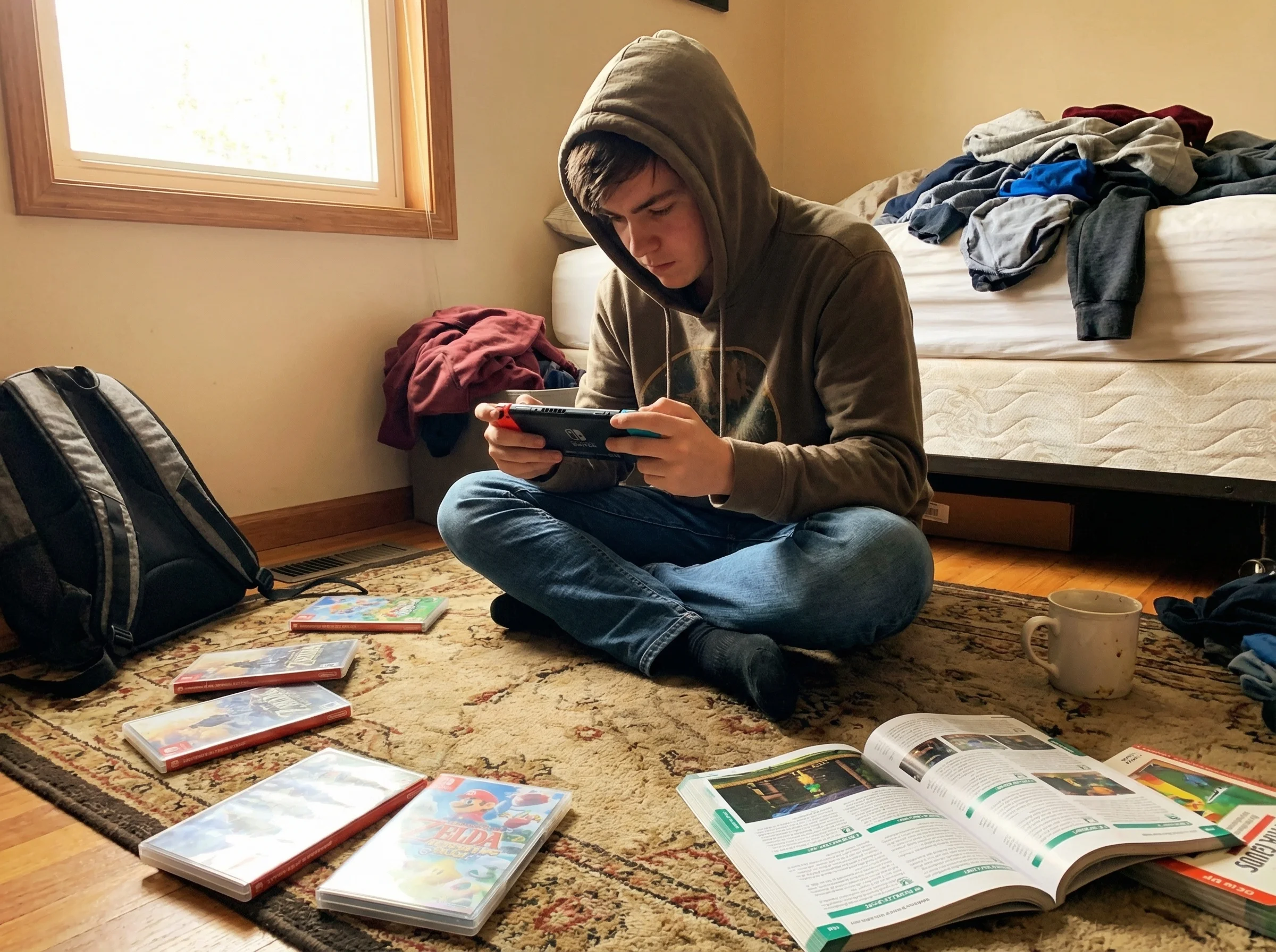 Teen sitting cross-legged on bedroom floor with Nintendo Switch, deeply focused on the screen, game cases and strategy guides