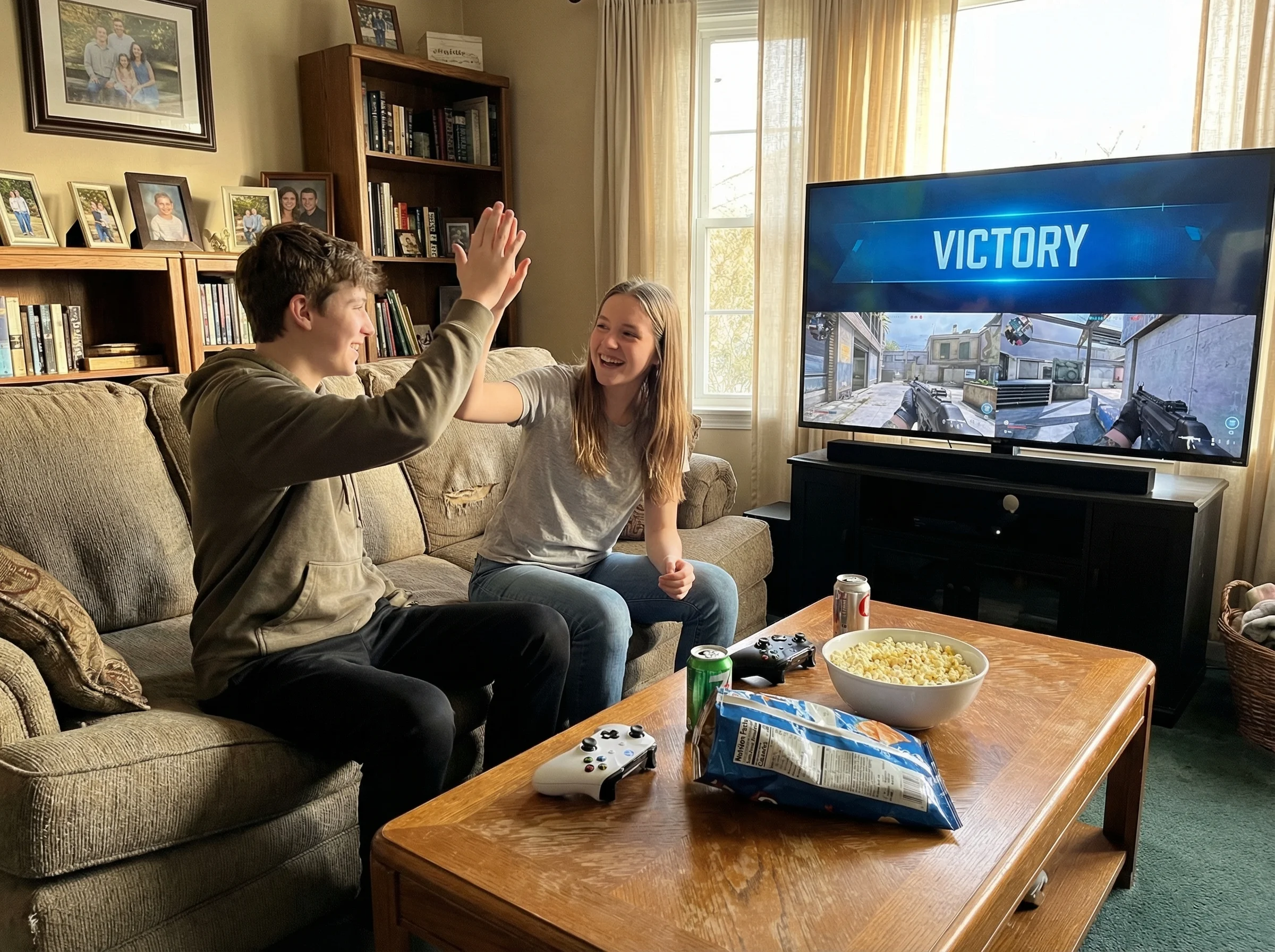 Living room with two teens on couch playing split-screen FPS game, high-fiving after a victory, game controllers and snacks o