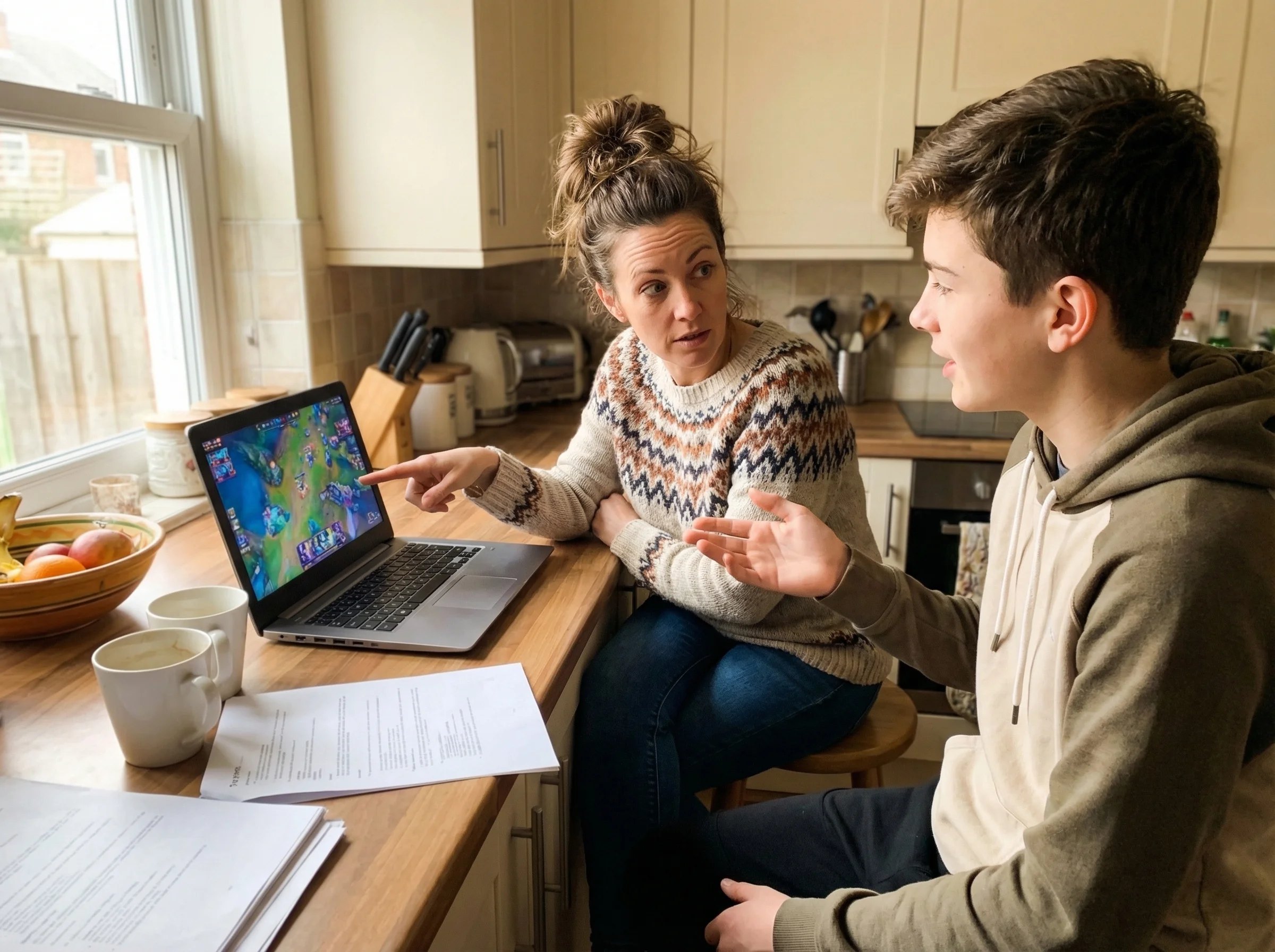 Parent and teen sitting at kitchen counter with laptop between them, parent pointing at screen asking questions while teen ex