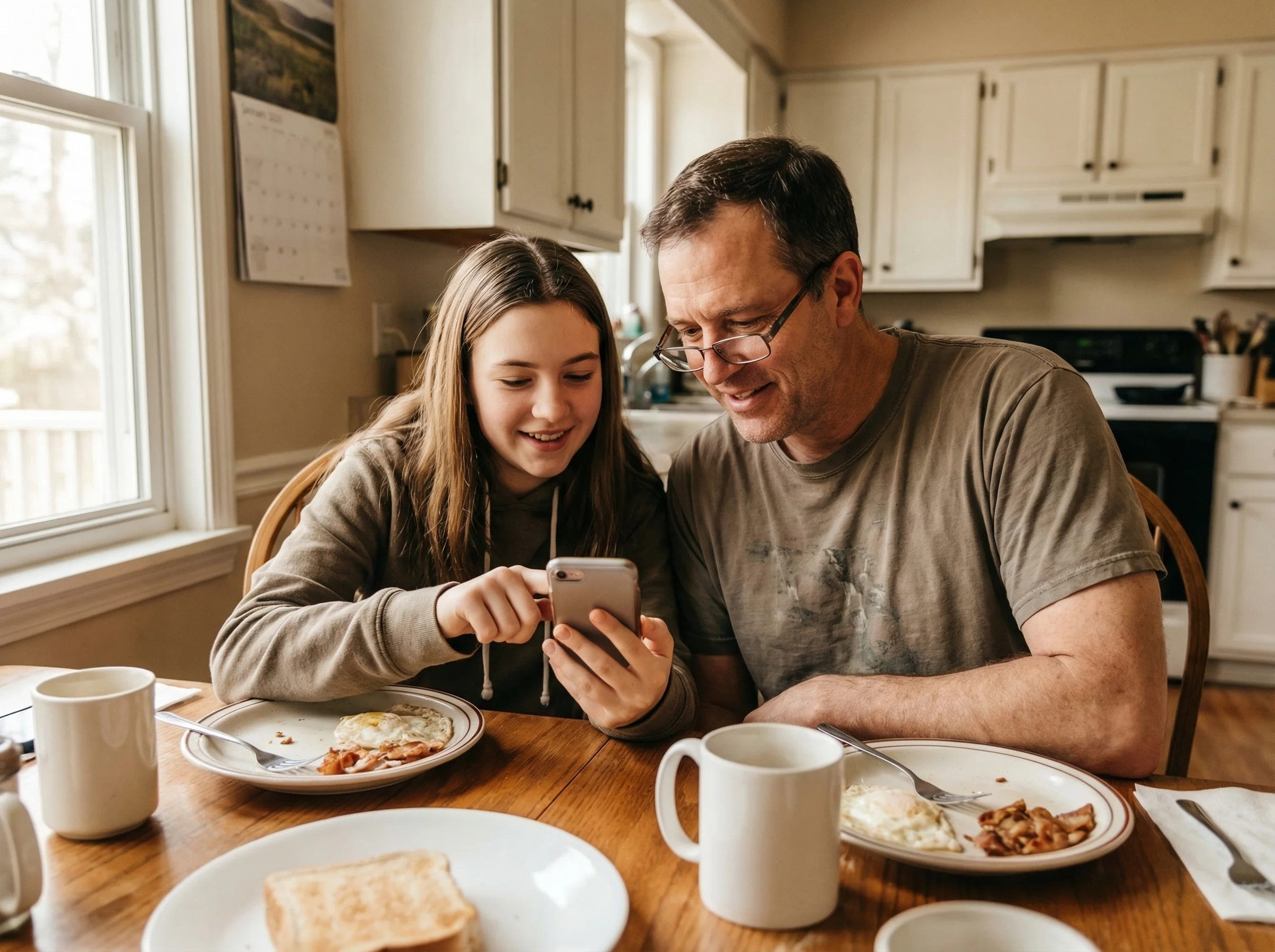 Dad and daughter at dining table, daughter showing dad something on her phone about her game while dad leans in with genuine