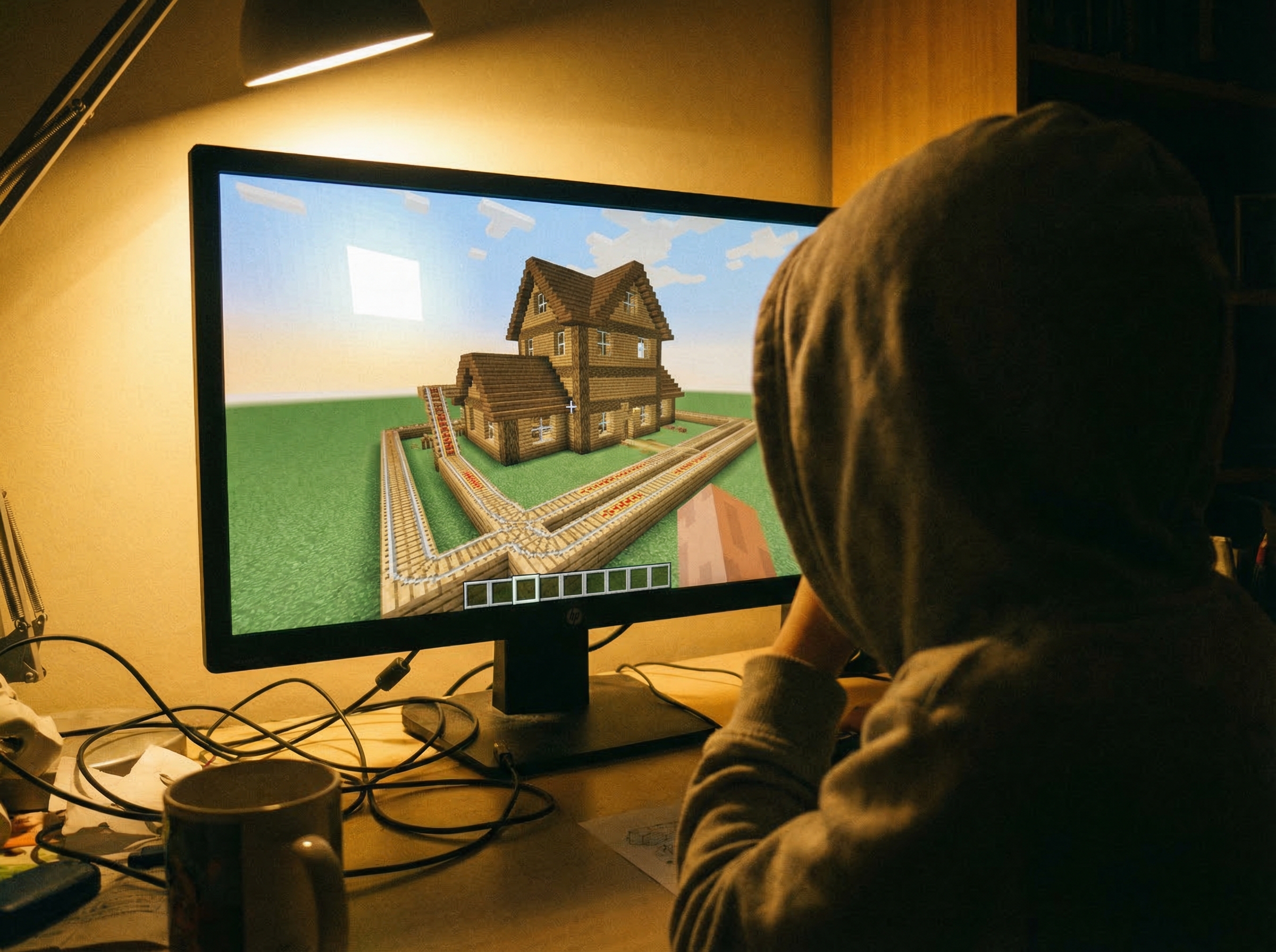 A Minecraft world on a computer screen showing an elaborate house with a railway system, photographed over a child's shoulder