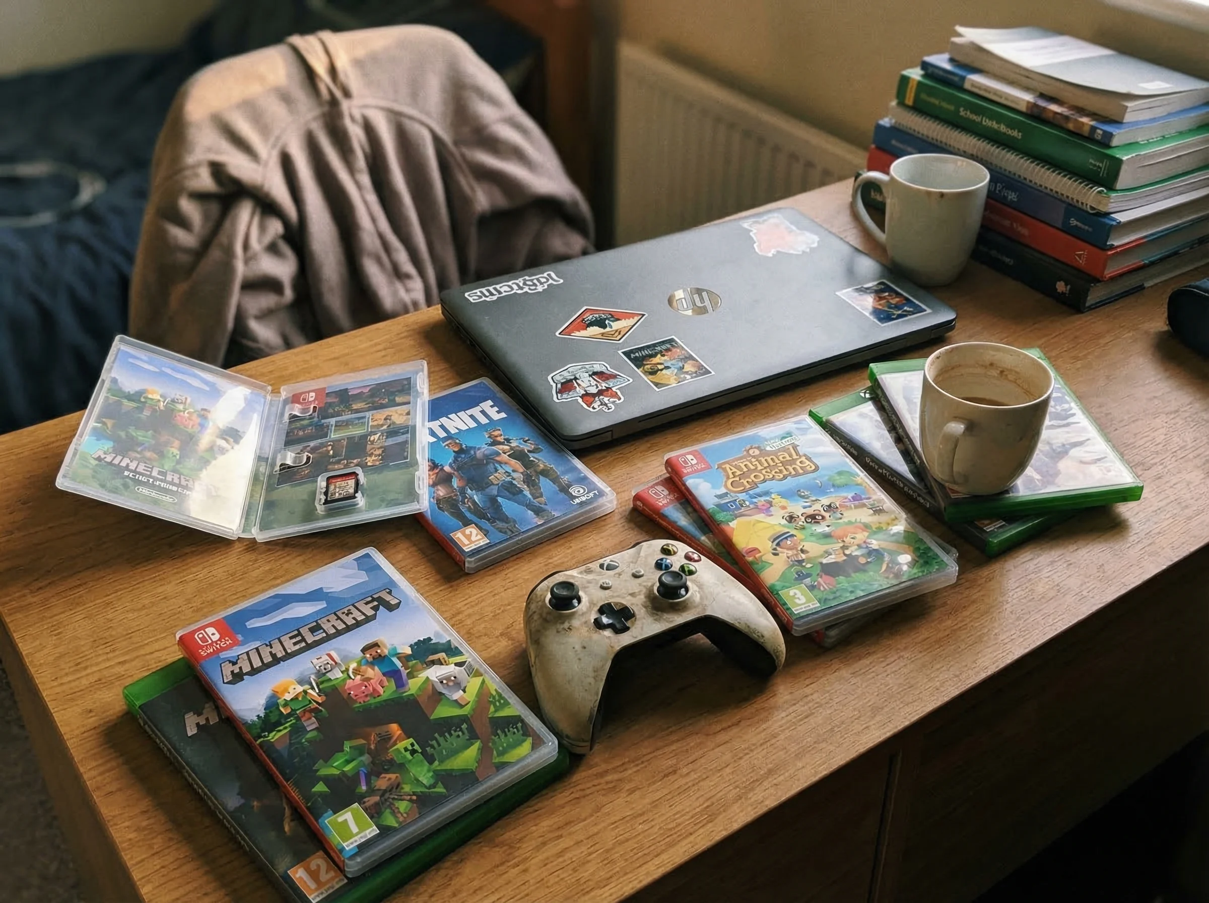 A teen's bedroom desk with multiple game cases spread out - Minecraft, Fortnite, Animal Crossing visible - showing the variet