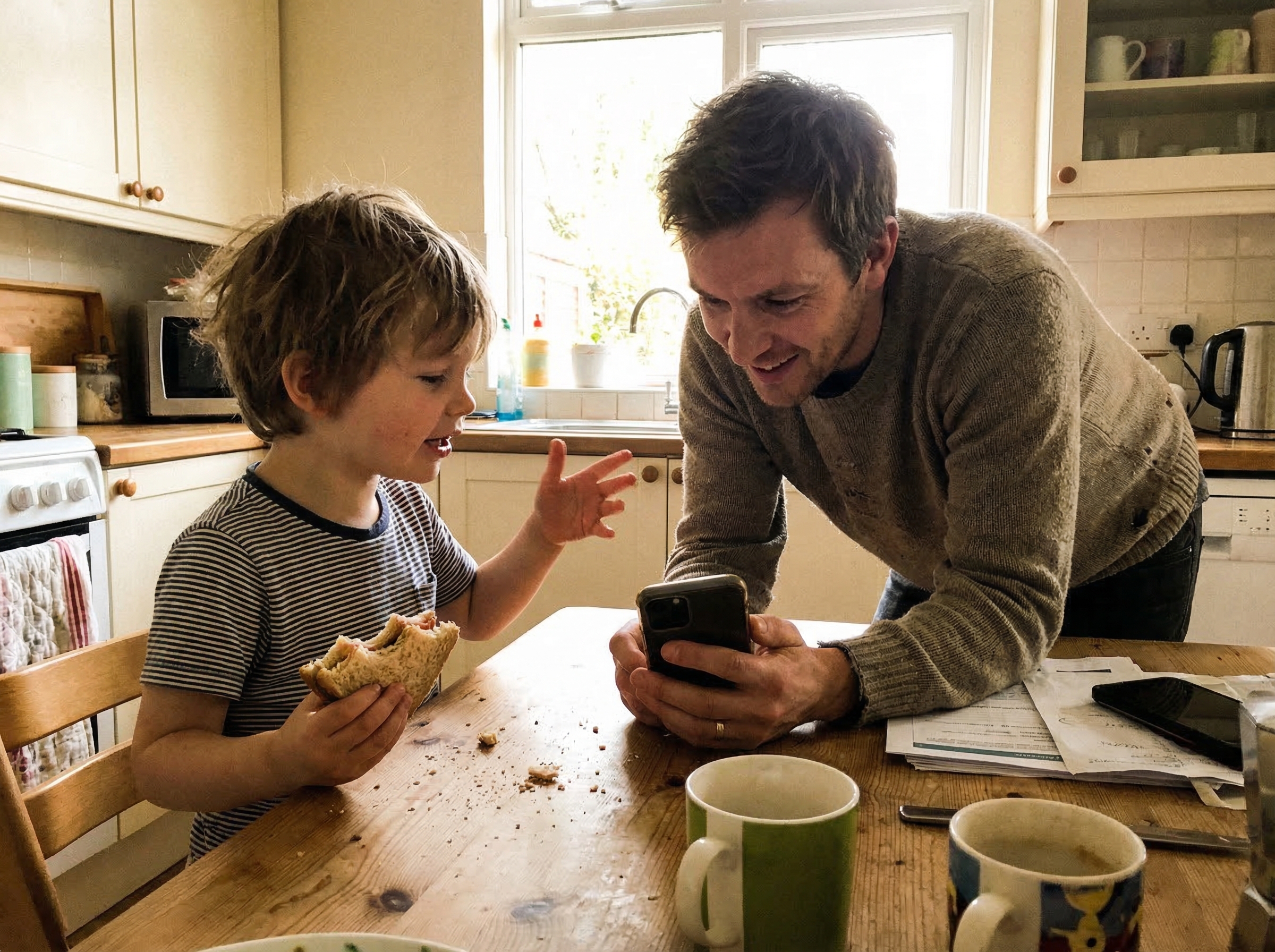 A kitchen table scene where a child is eating a sandwich while explaining something on their phone screen to a parent who's l