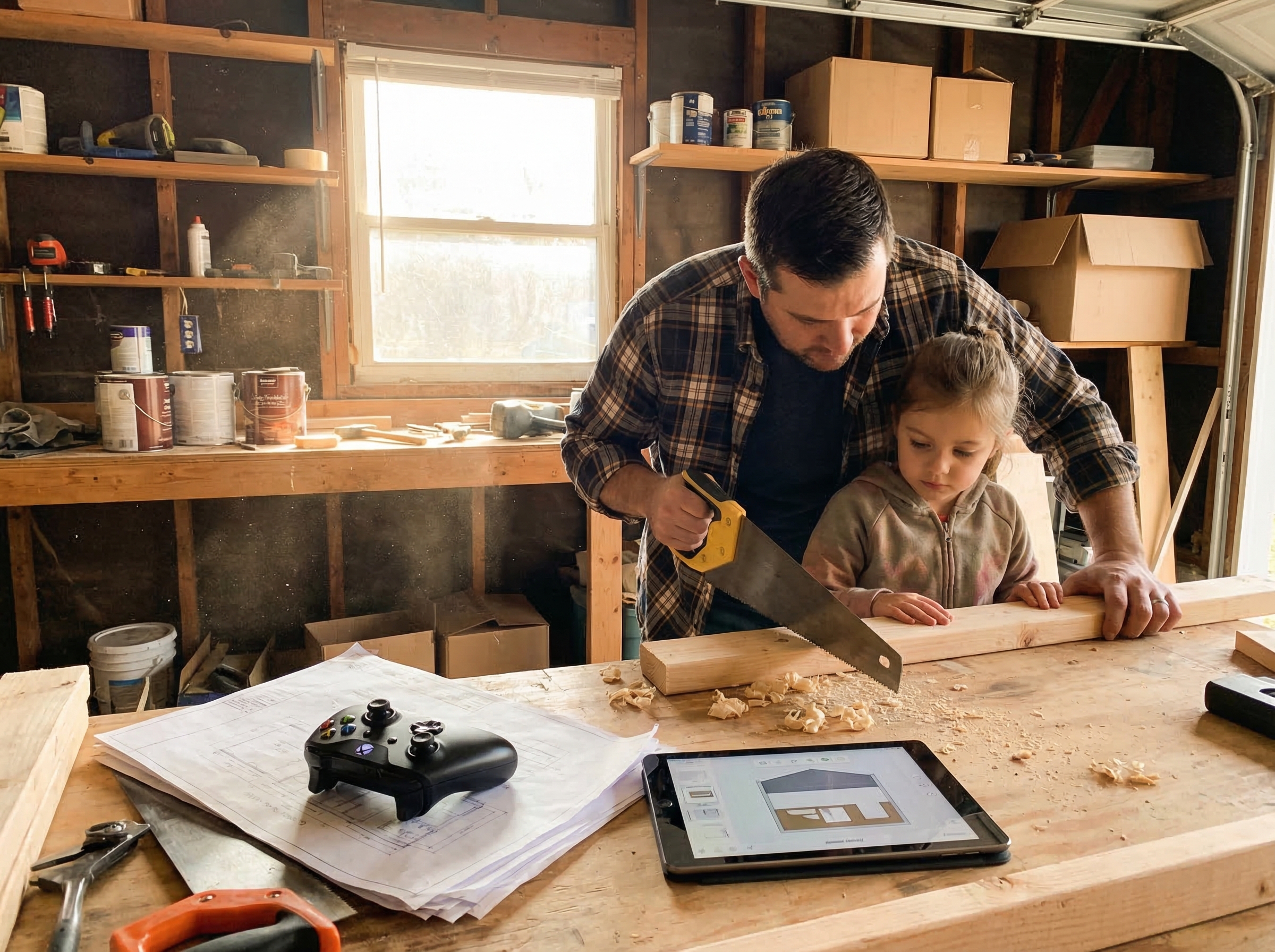 A garage workbench where a parent and child are building something with wood, game controller visible on the bench nearby, sh