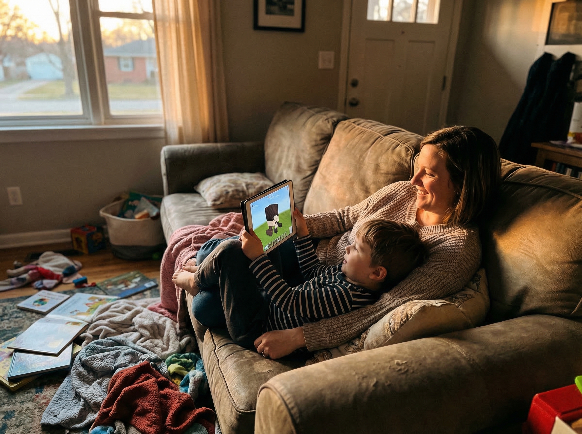 A living room where a child is showing a parent something they built on their tablet screen, both sitting comfortably on a co