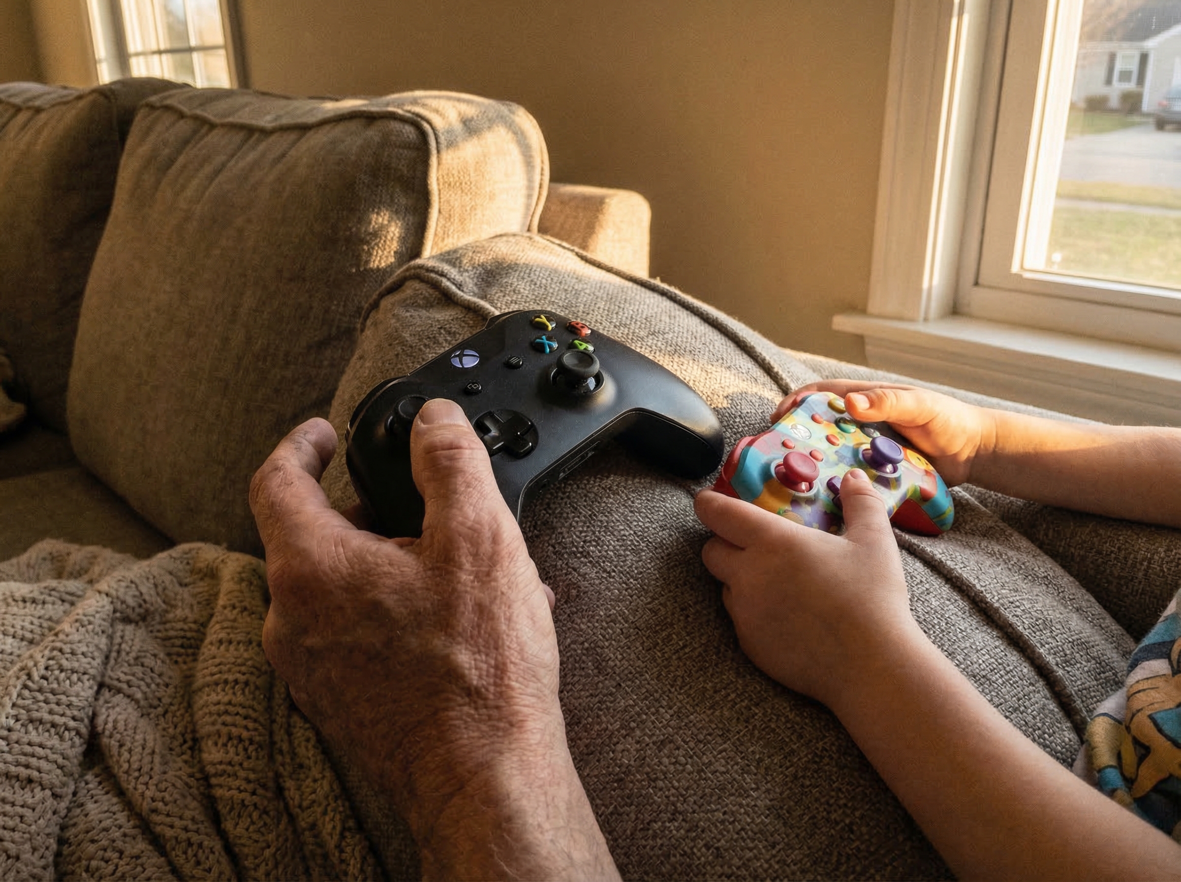 A close-up of hands - one adult, one child - both holding game controllers, sitting side by side on a couch, warm late aftern