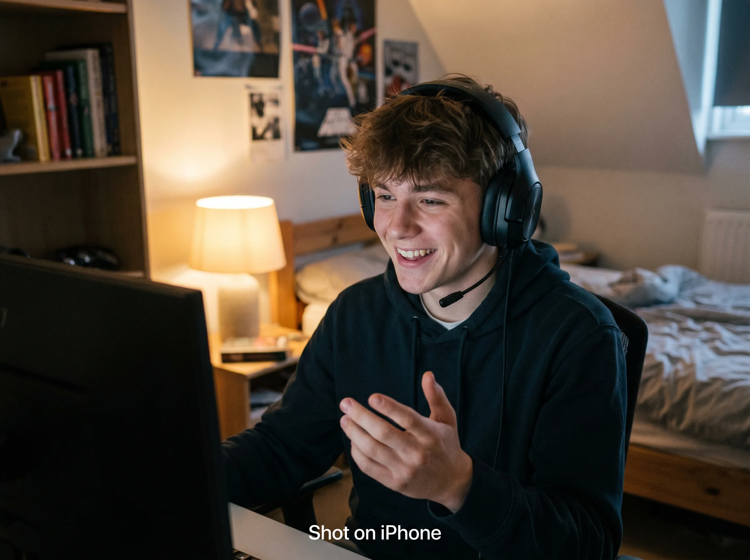A teen boy sitting at a desk wearing a gaming headset, smiling and talking, soft lamp light on his face, casual bedroom in ba