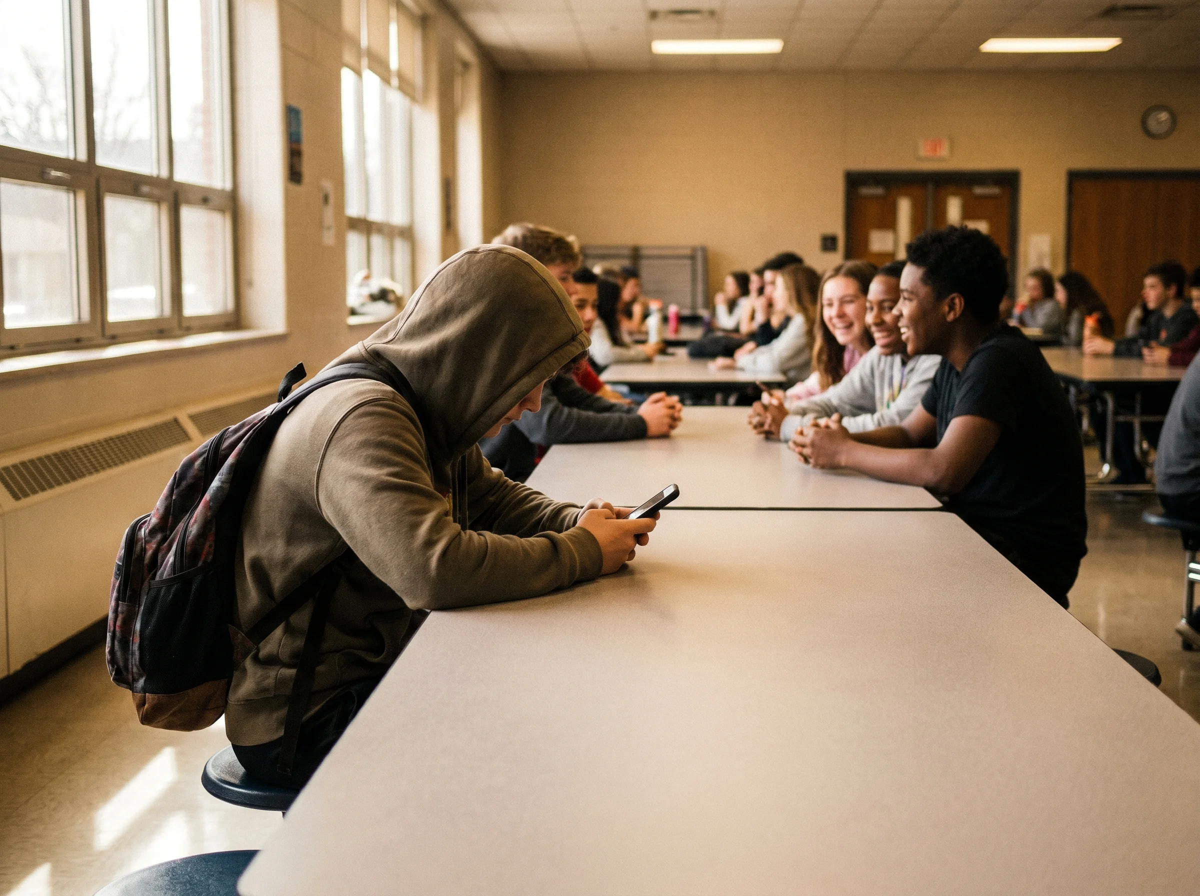 A middle school aged kid sitting alone at a lunch table looking at their phone, other kids in groups in the background, natur