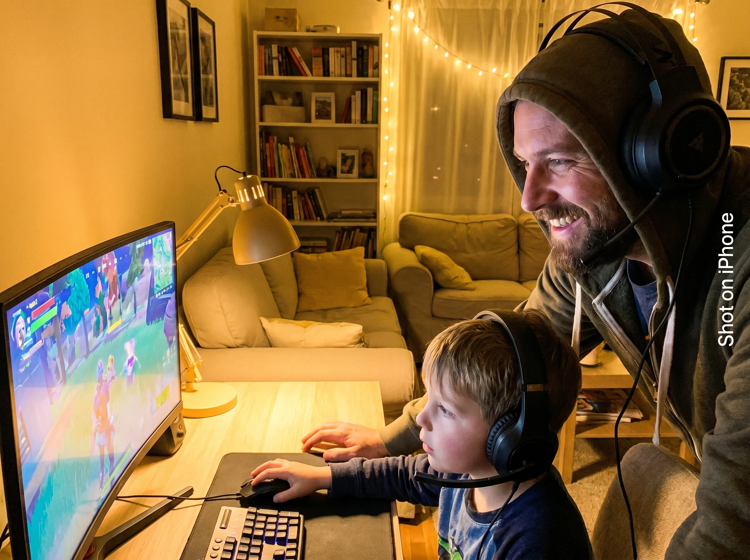 A dad leaning in next to his son at a gaming setup, both wearing headsets, dad smiling and listening, warm room light, shot o