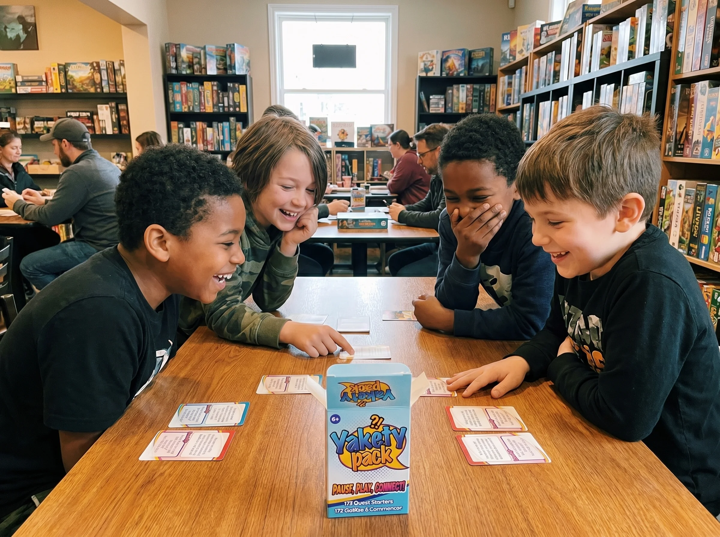 A group of kids playing a tabletop card game at a local game shop, laughing, leaning over the table, natural overhead lightin