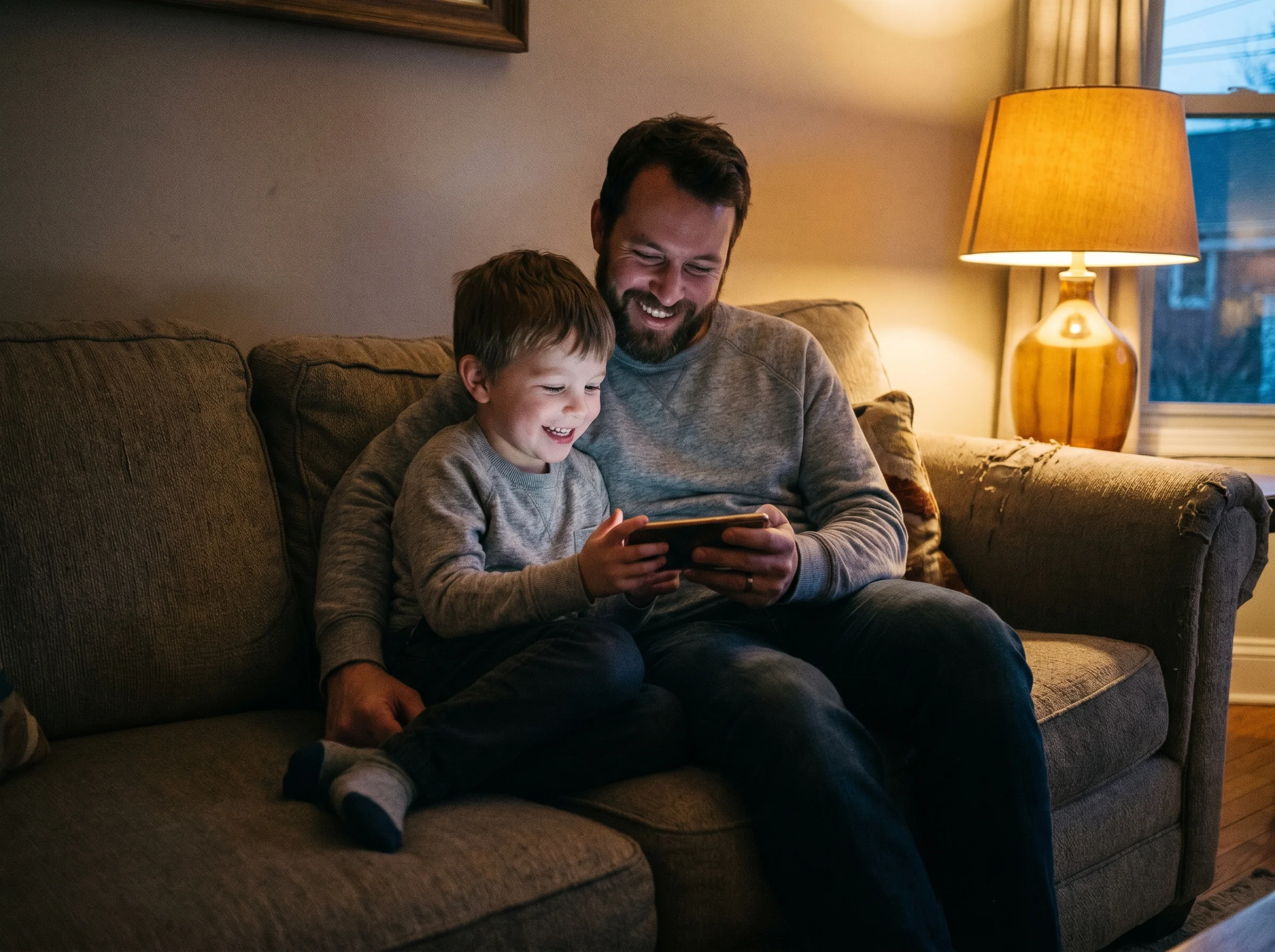 A close up of a dad and son sitting on a couch together looking at a game on a phone or screen, both smiling, warm evening la