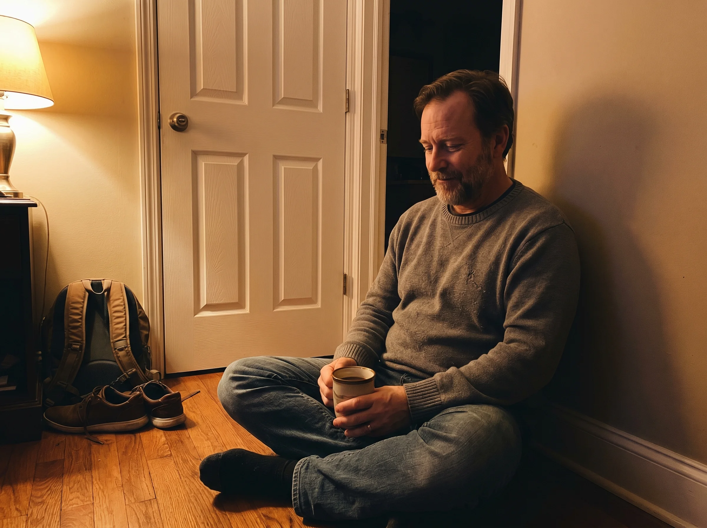 A dad sitting alone on the hallway floor outside a closed bedroom door, holding a coffee mug, looking thoughtful but not sad,
