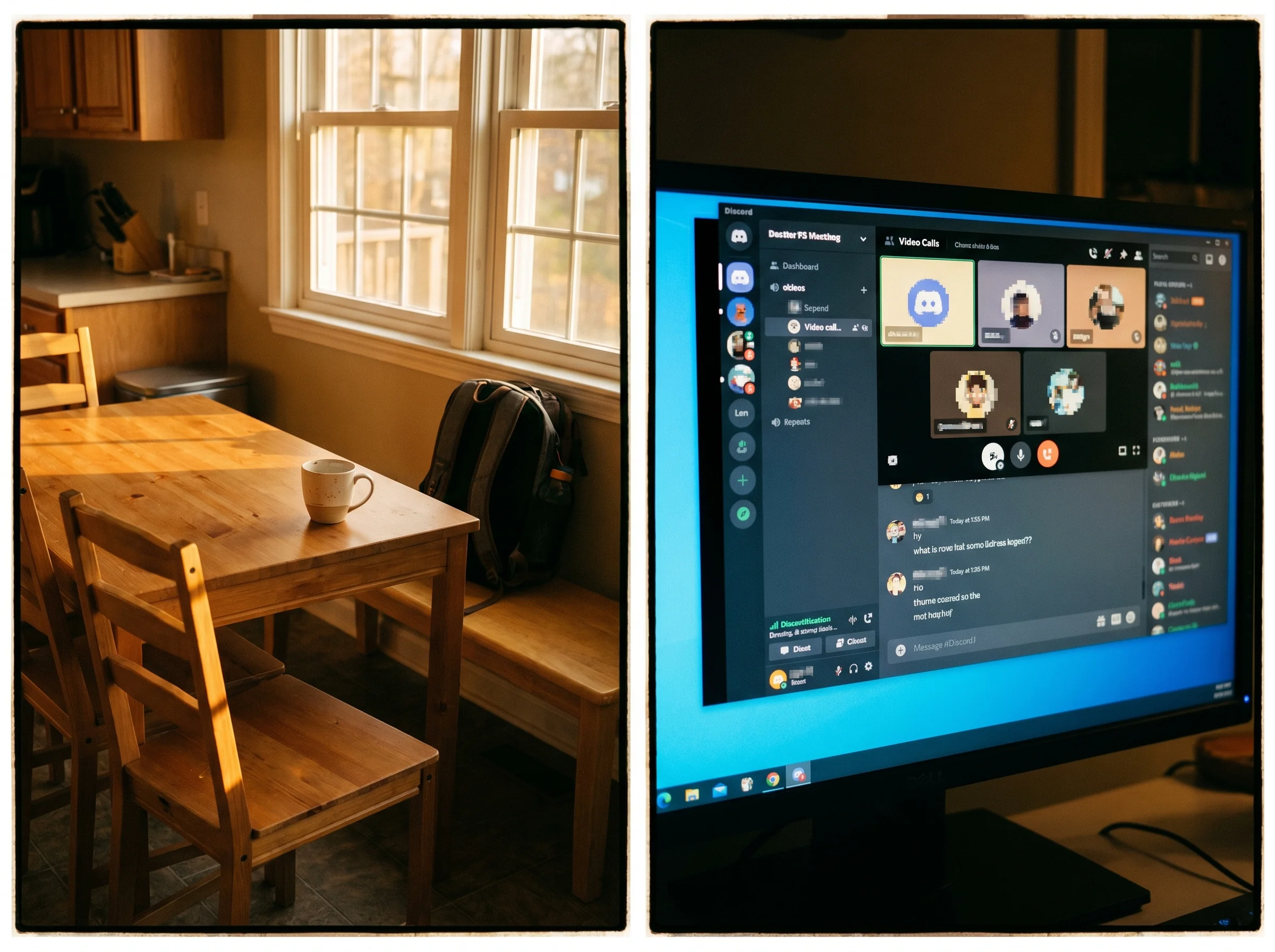 Two views of teen friendship side by side, a kitchen table with empty chairs in late afternoon light and a glowing monitor wi