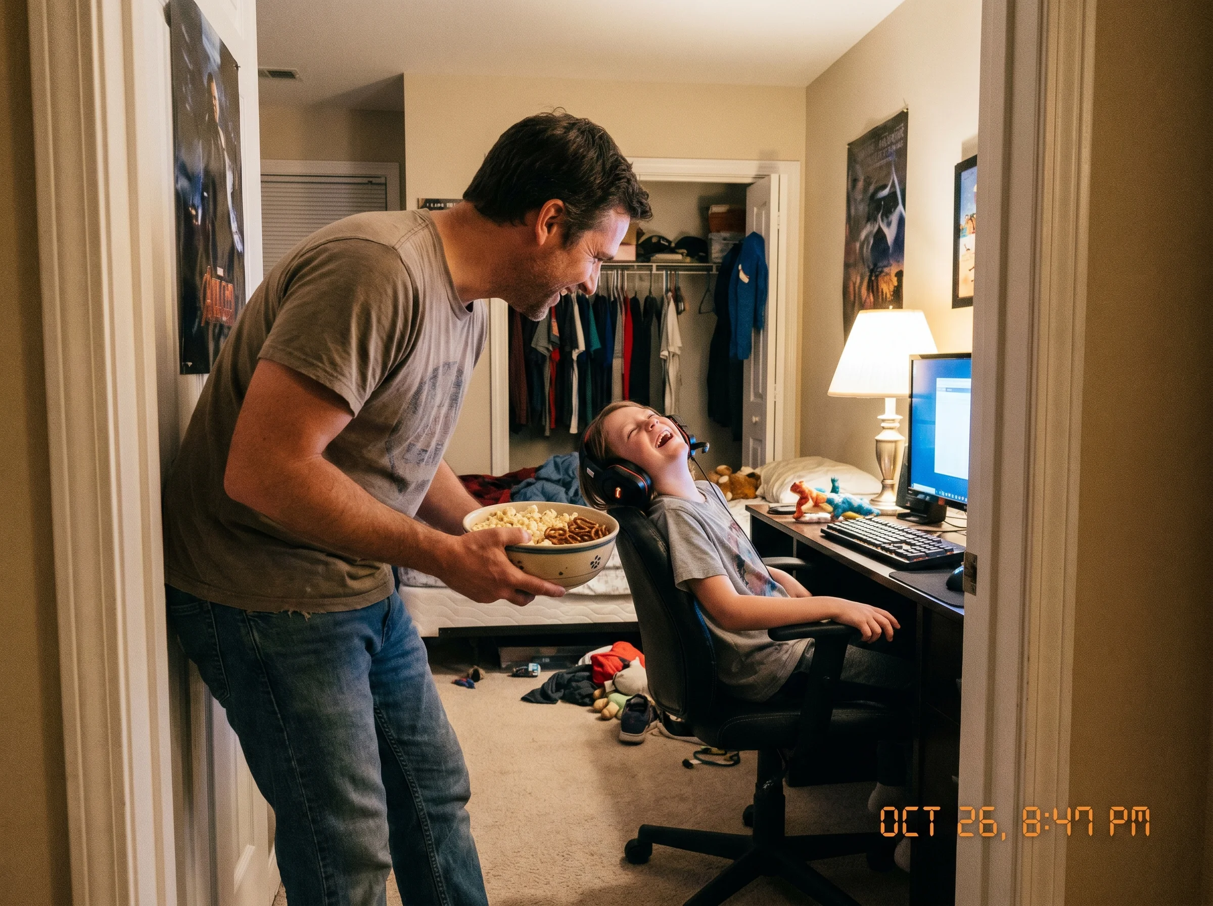 A dad leaning into a kid's bedroom doorway with a bowl of snacks, smiling at the kid who's mid-laugh with a headset on, casua