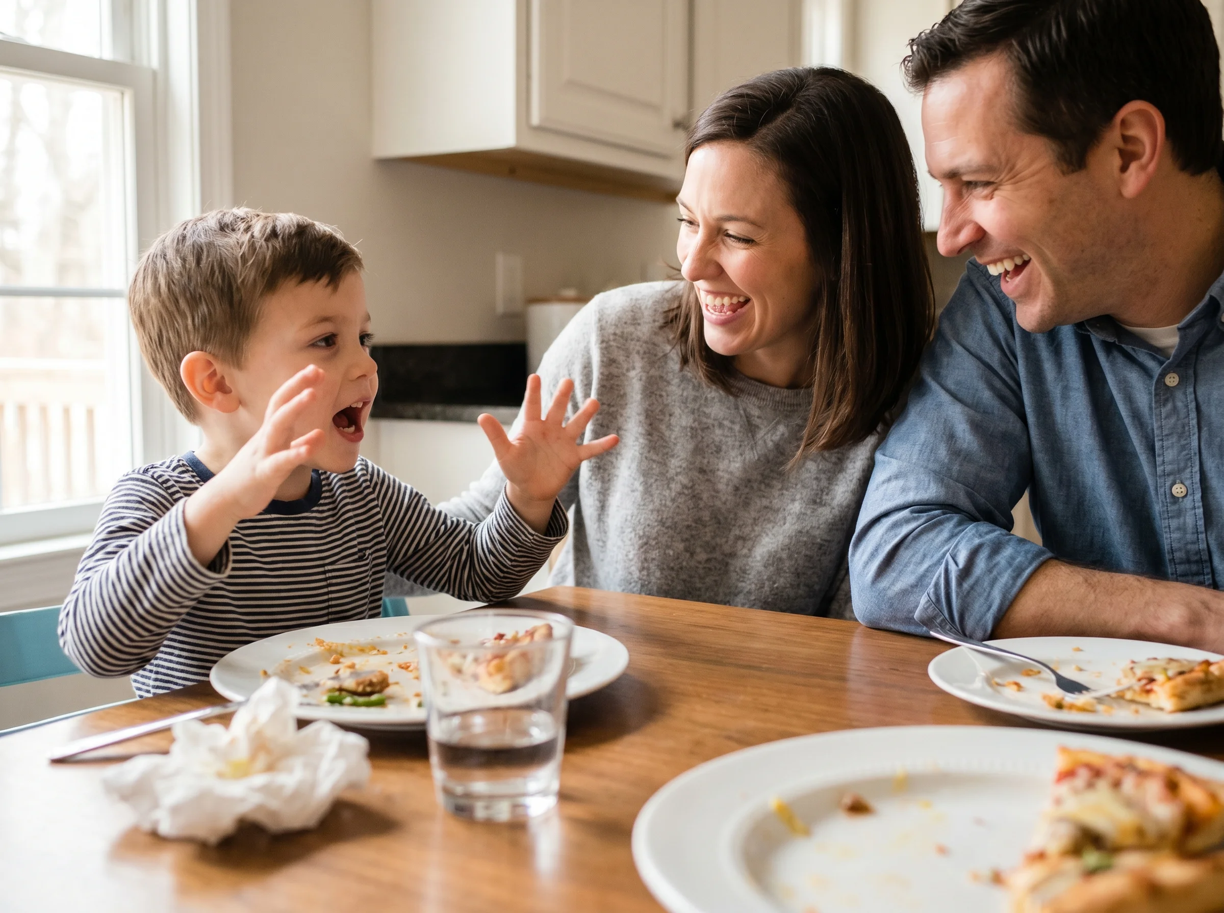 A family at a kitchen table over dinner, a kid mid-story gesturing with his hands, parents leaning in and laughing, plates an