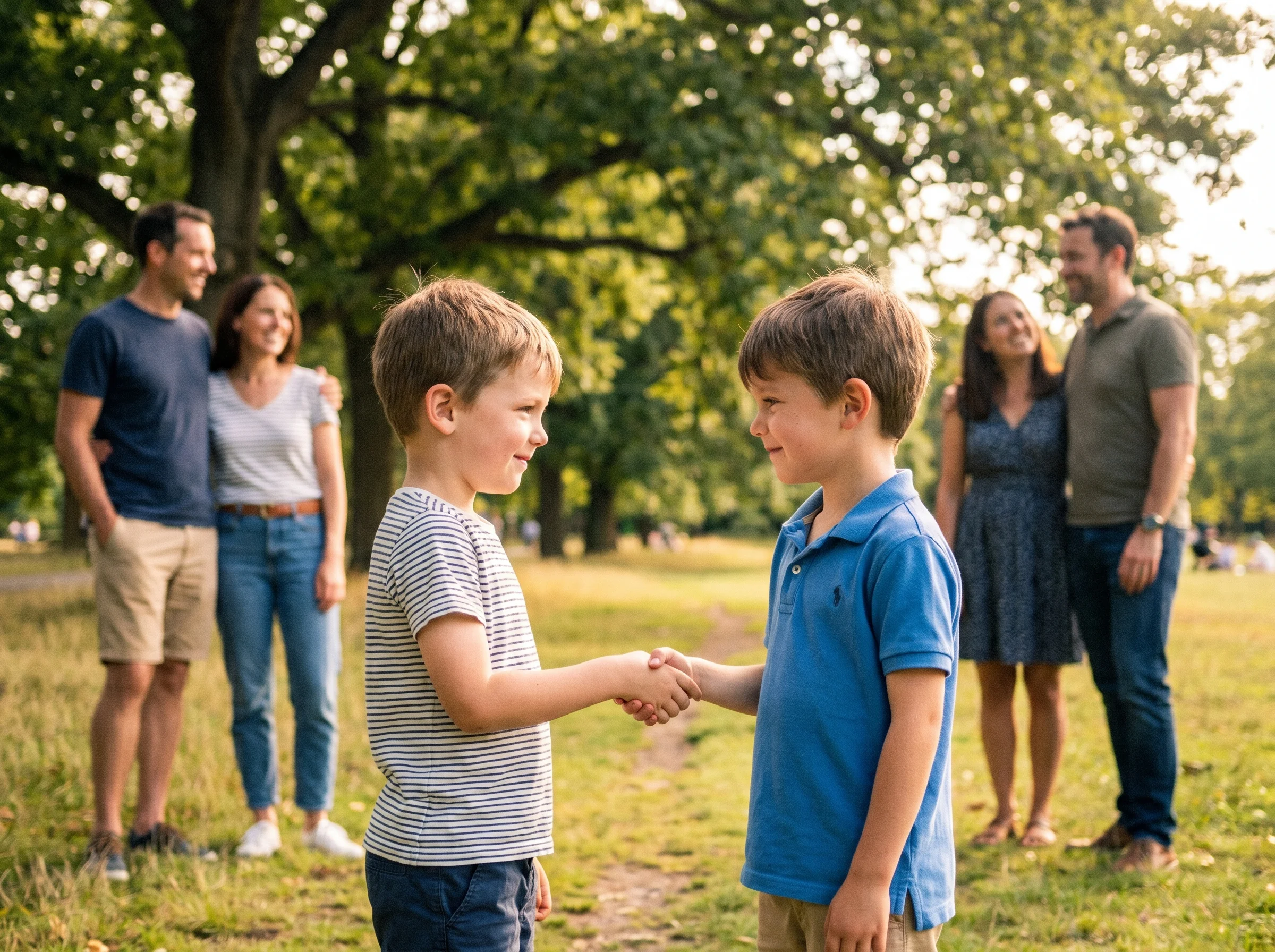 Two boys meeting for the first time in a sunny public park, smiling shyly, parents standing in the background, casual summer 