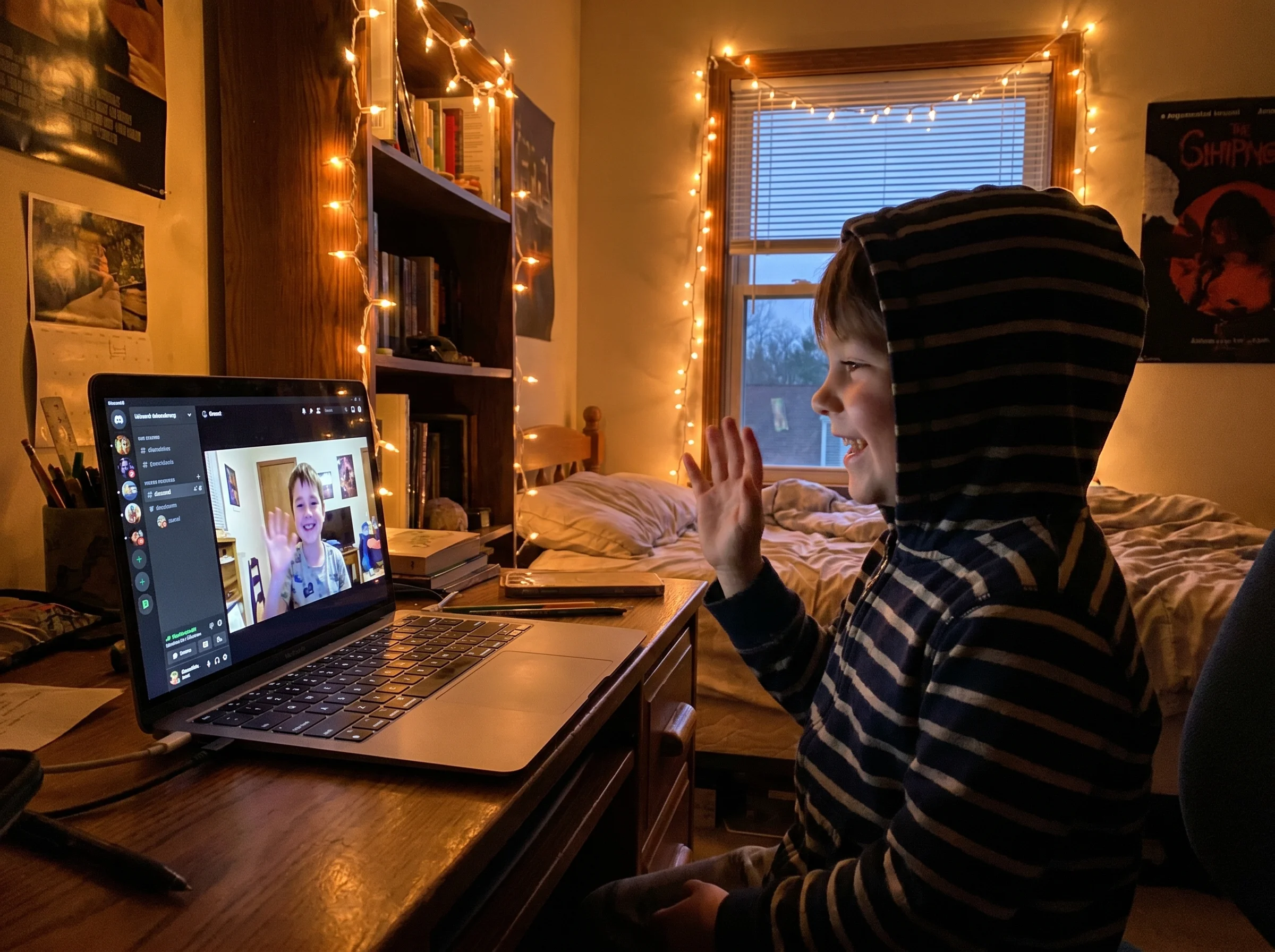 A kid waving at a laptop screen during a Discord call, a friend visible on the screen waving back, bedroom lit by string ligh
