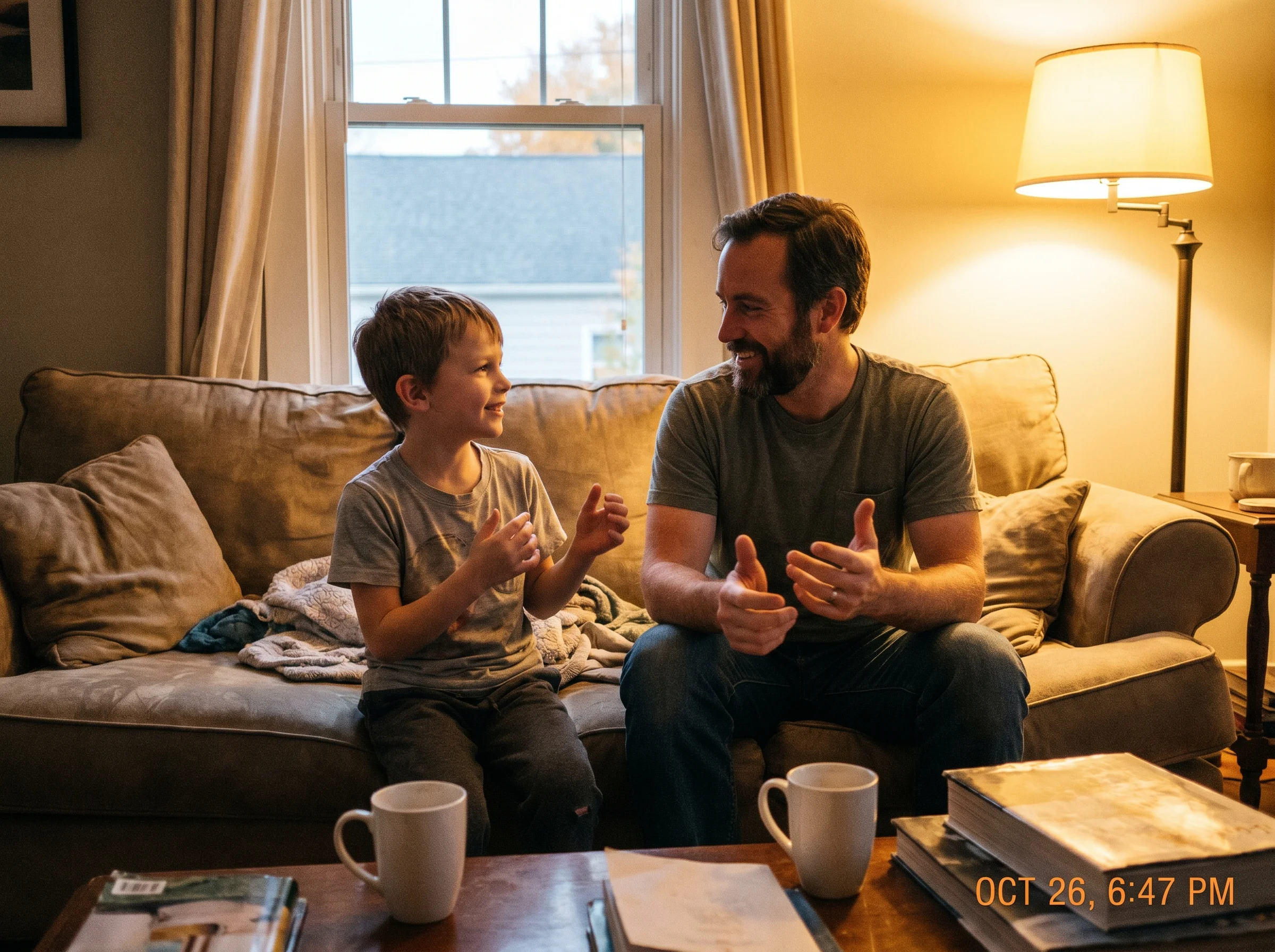 A dad and son talking side by side on the couch in soft evening light, relaxed posture, mid-conversation