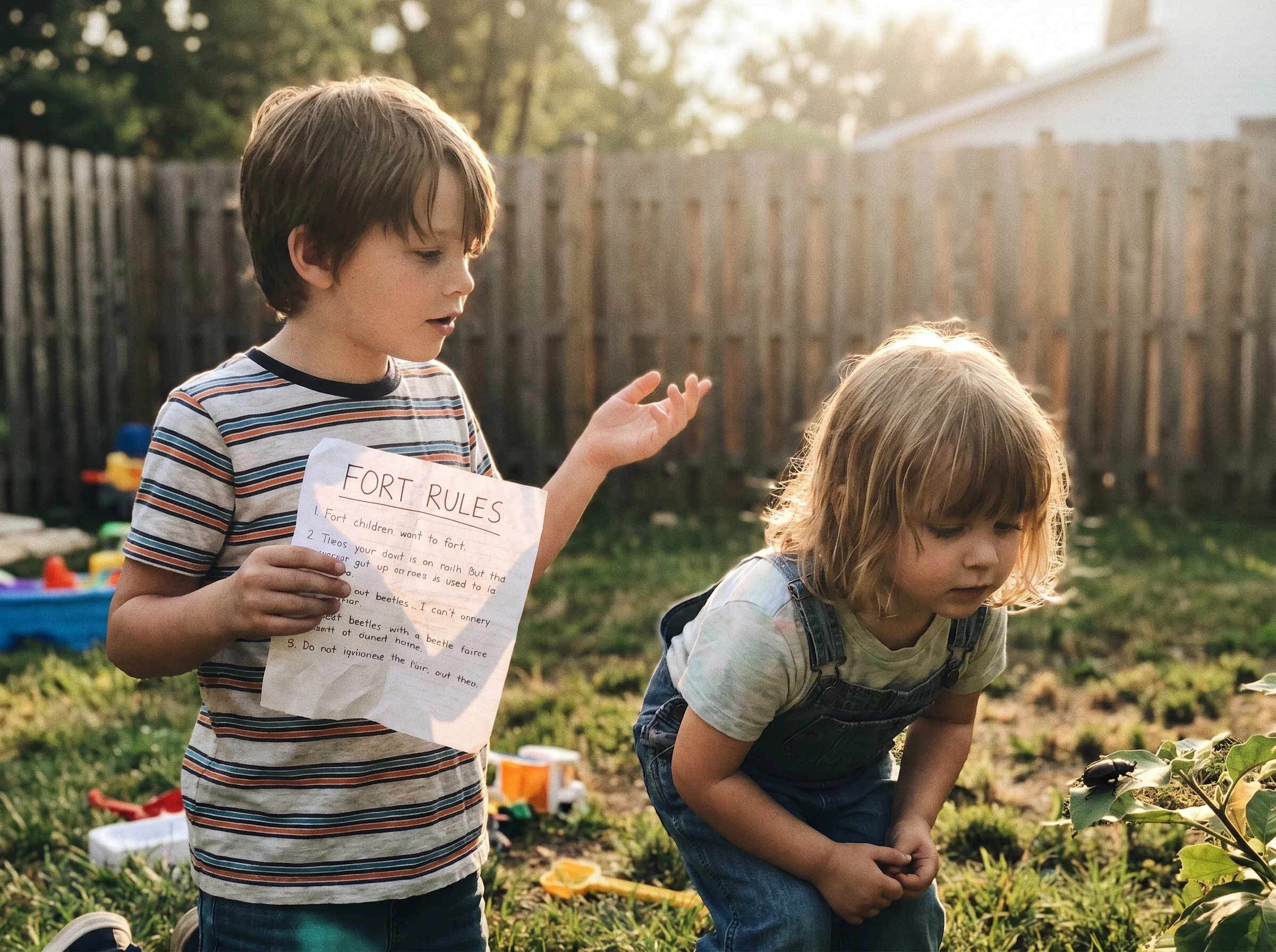 A 5-year-old and 8-year-old standing in a backyard, the older one gesturing with rules in hand while the younger looks distra