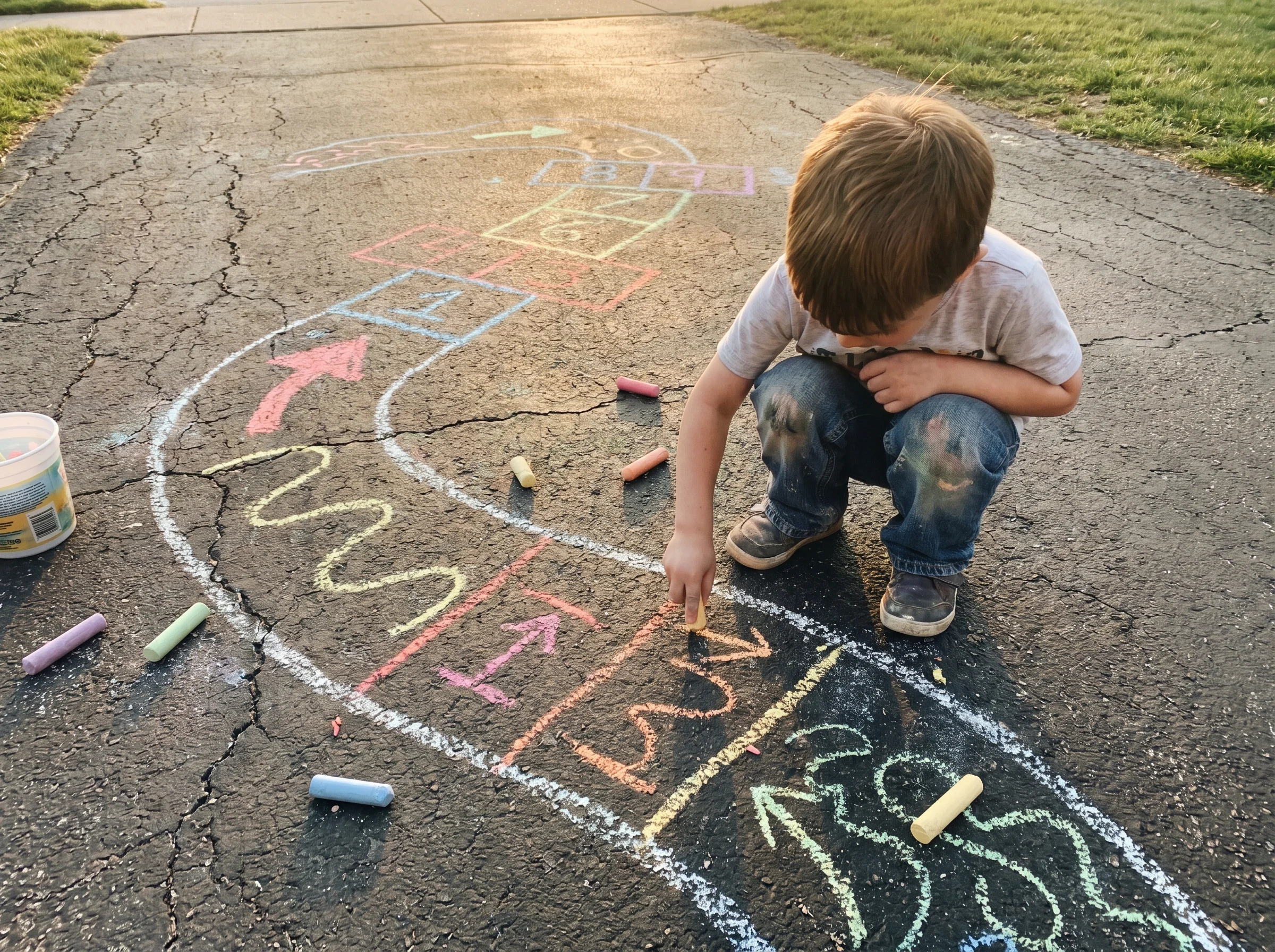 A child crouched on a driveway drawing a colorful chalk obstacle course with hopscotch squares and arrows, knees dusty, shot 