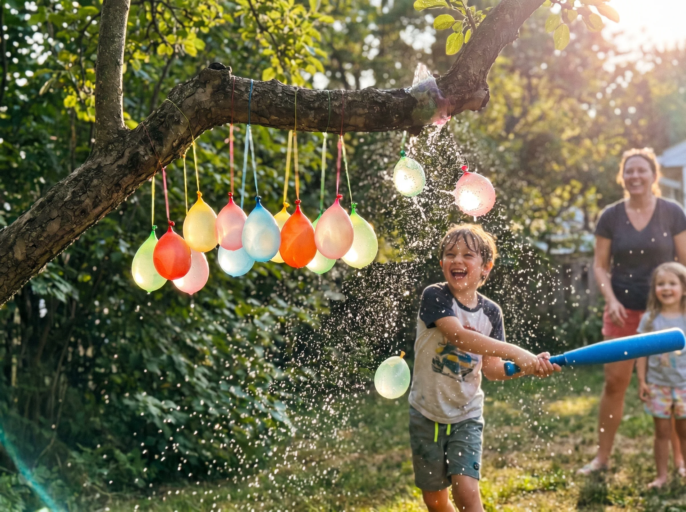 Water balloons hanging from a low tree branch in a backyard, a kid mid-swing with a foam bat, water droplets in the air, sunn