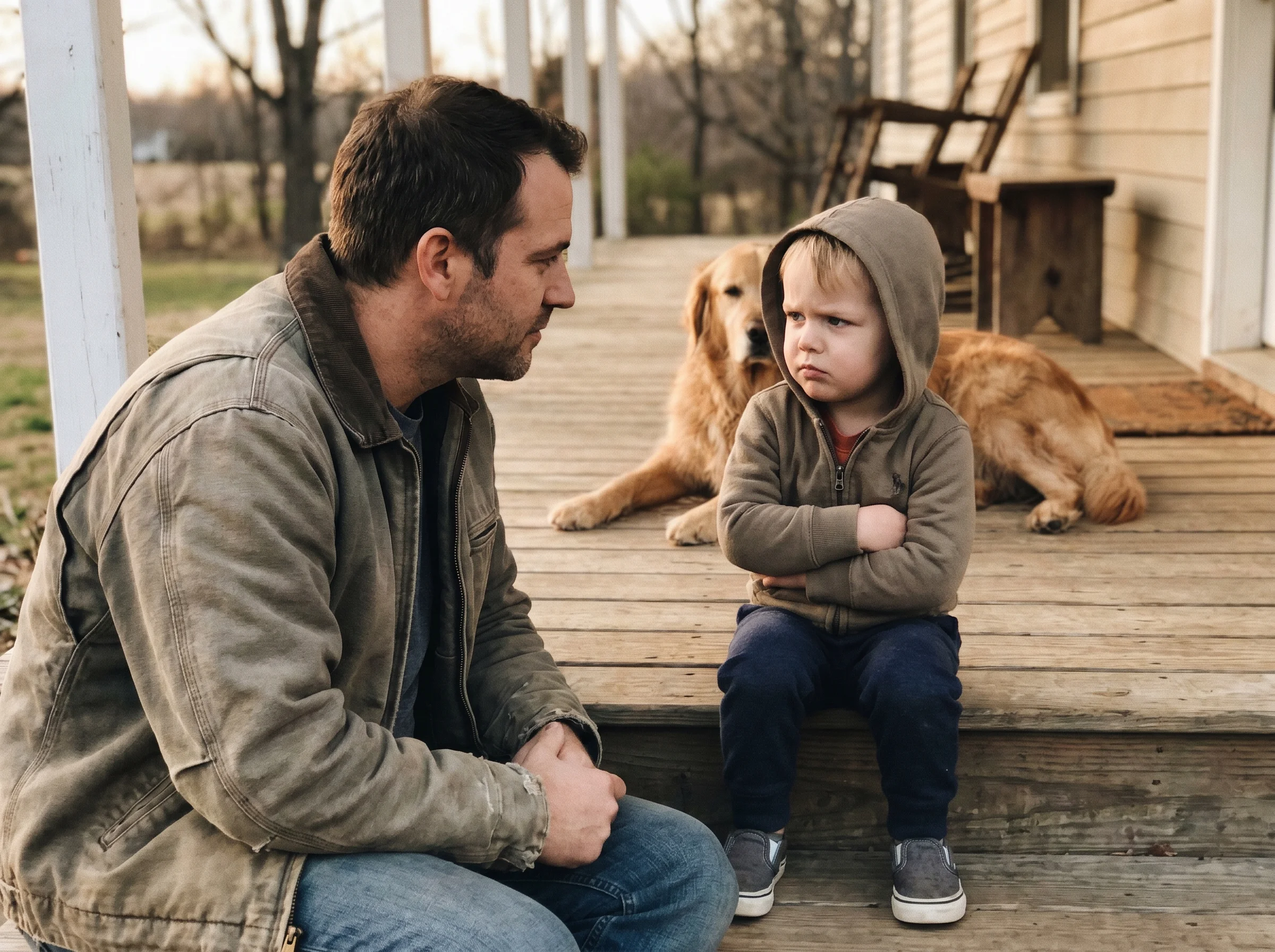 A dad kneeling at eye level with a frustrated kid on the porch steps, both looking calm, dog in the background, soft natural 