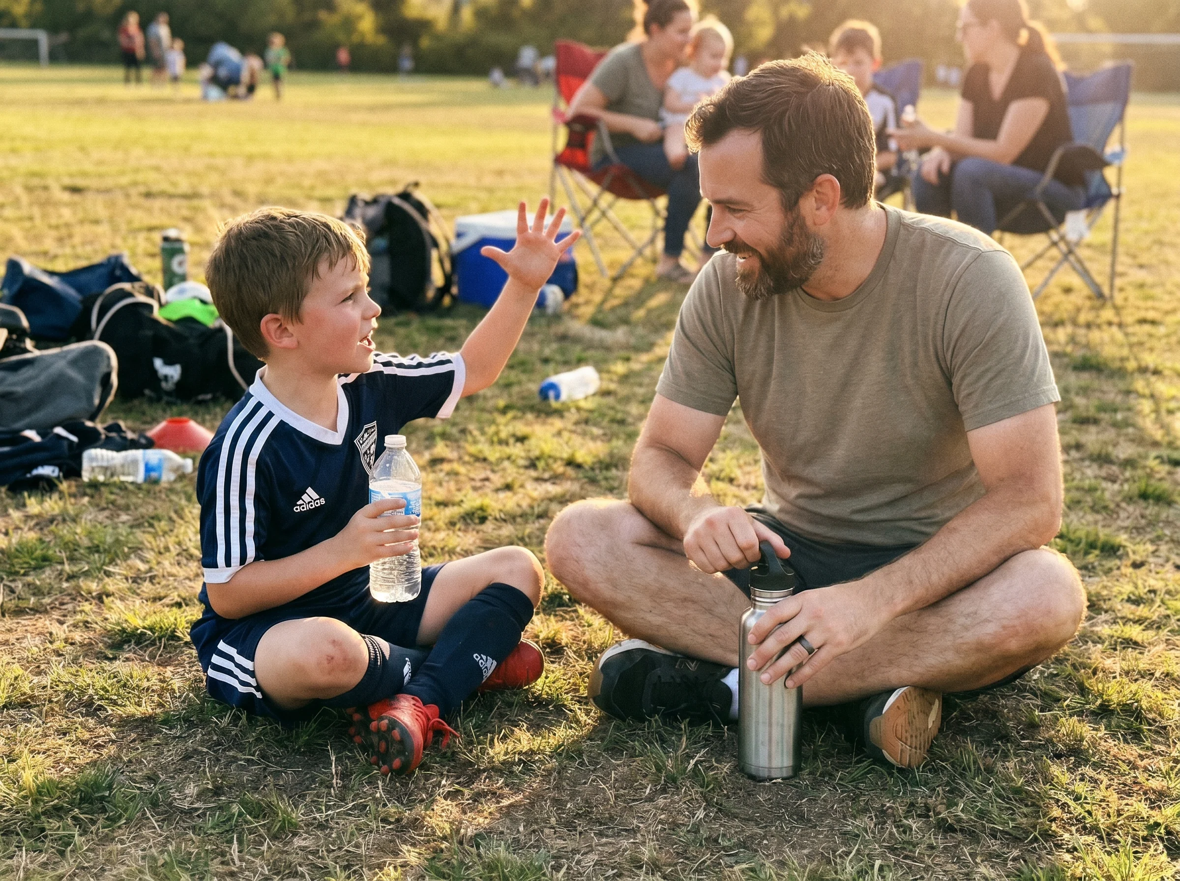 A dad and son sitting on grass after a game, water bottles in hand, son talking animatedly with hands, candid afternoon shot