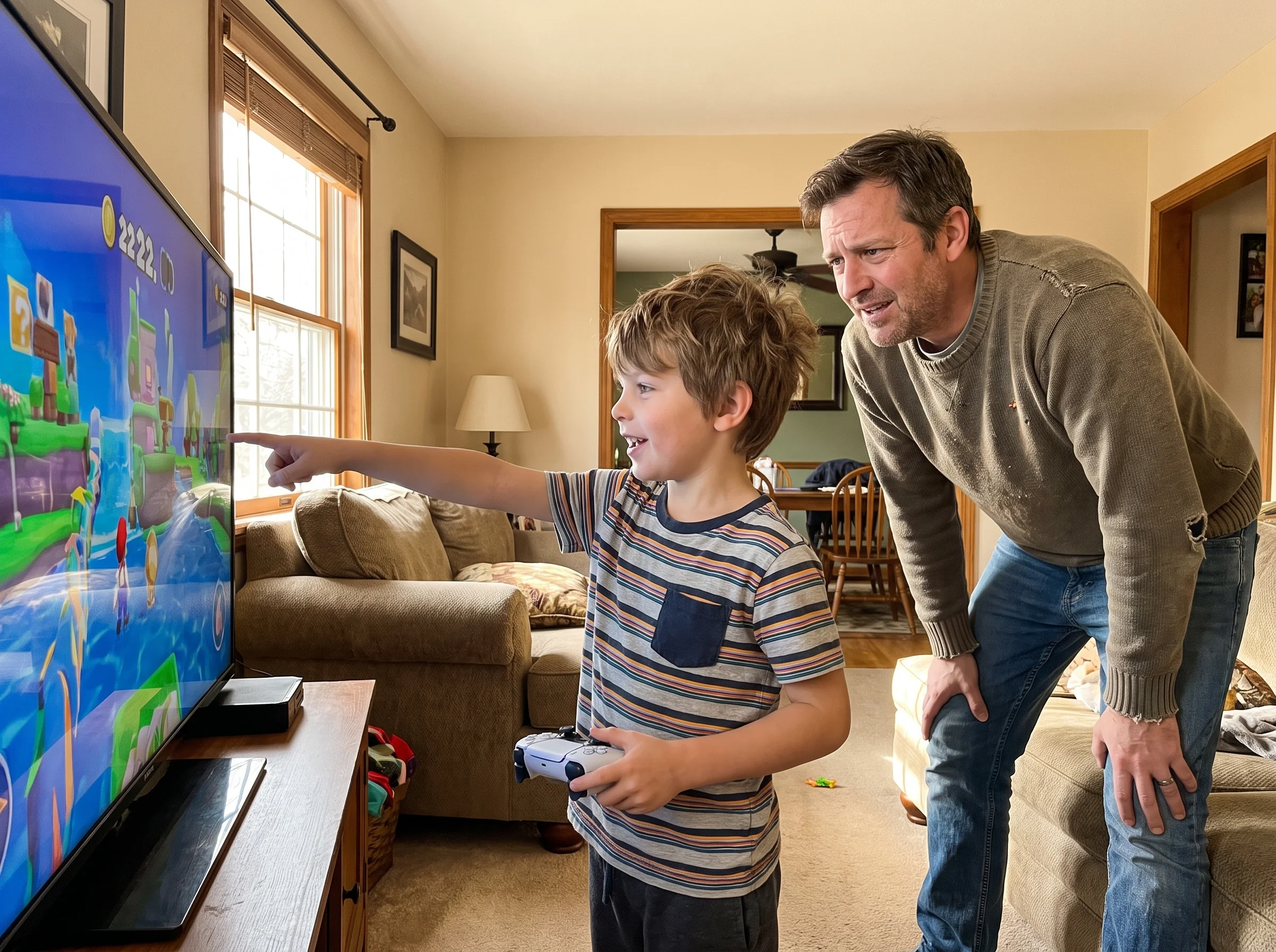 An elementary-age kid pointing at a TV screen with a controller in his other hand, explaining something to his dad who is lea