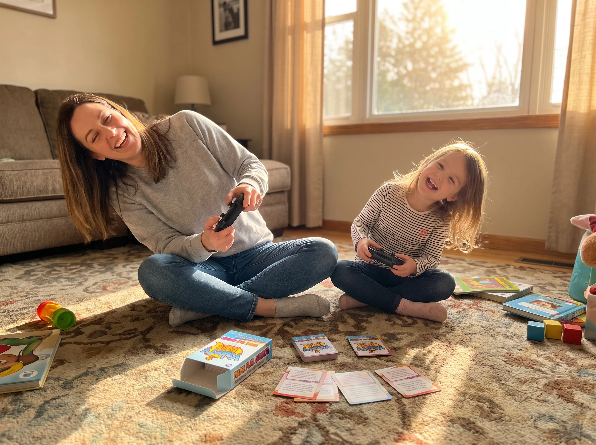 A young girl and her mom sitting cross-legged on the carpet playing Mario Kart, both leaning into the turns, controllers tilt