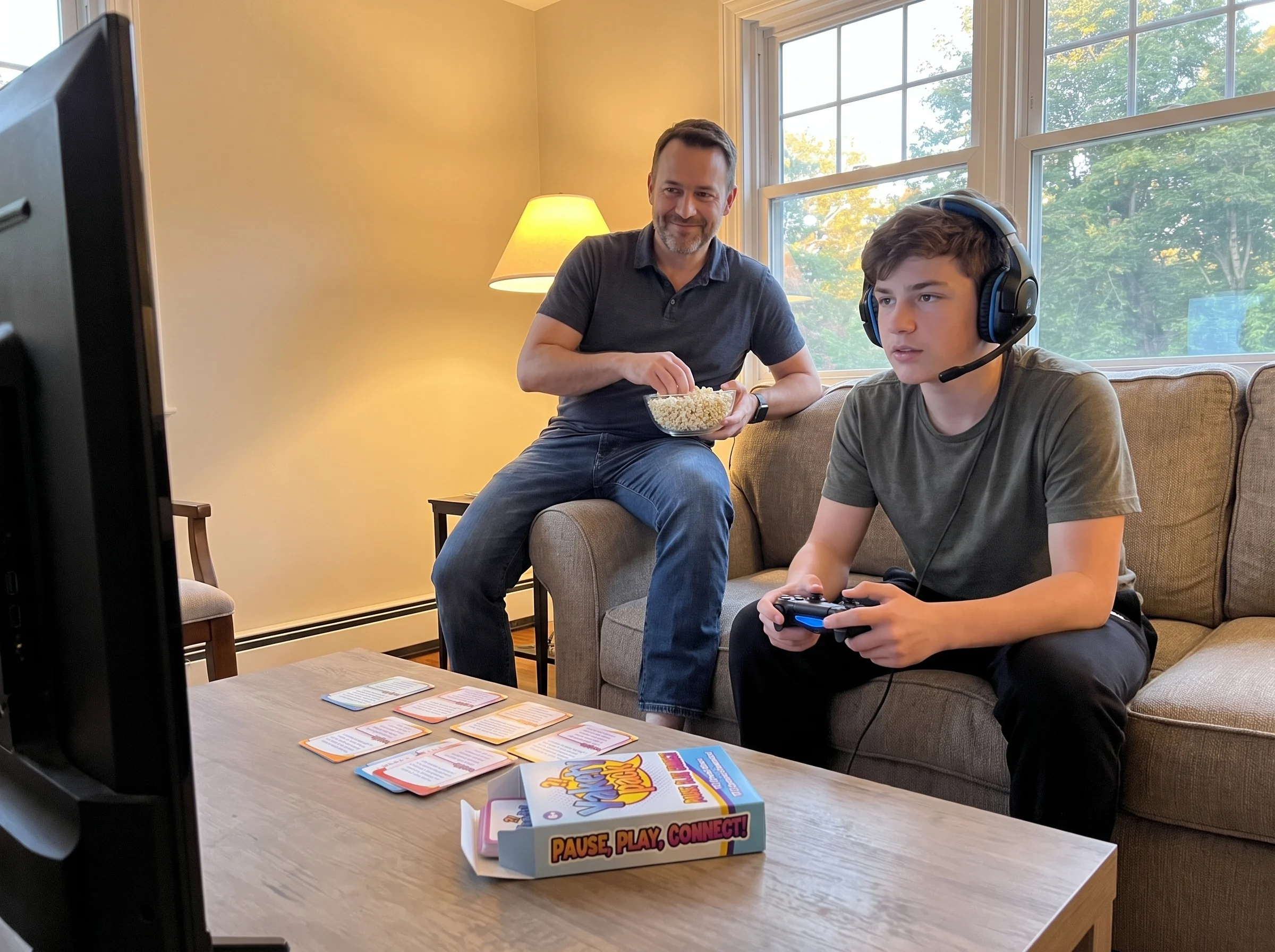 A dad sitting on the arm of a couch with a bowl of popcorn, watching his teenage son play video games, dad has a small smile,