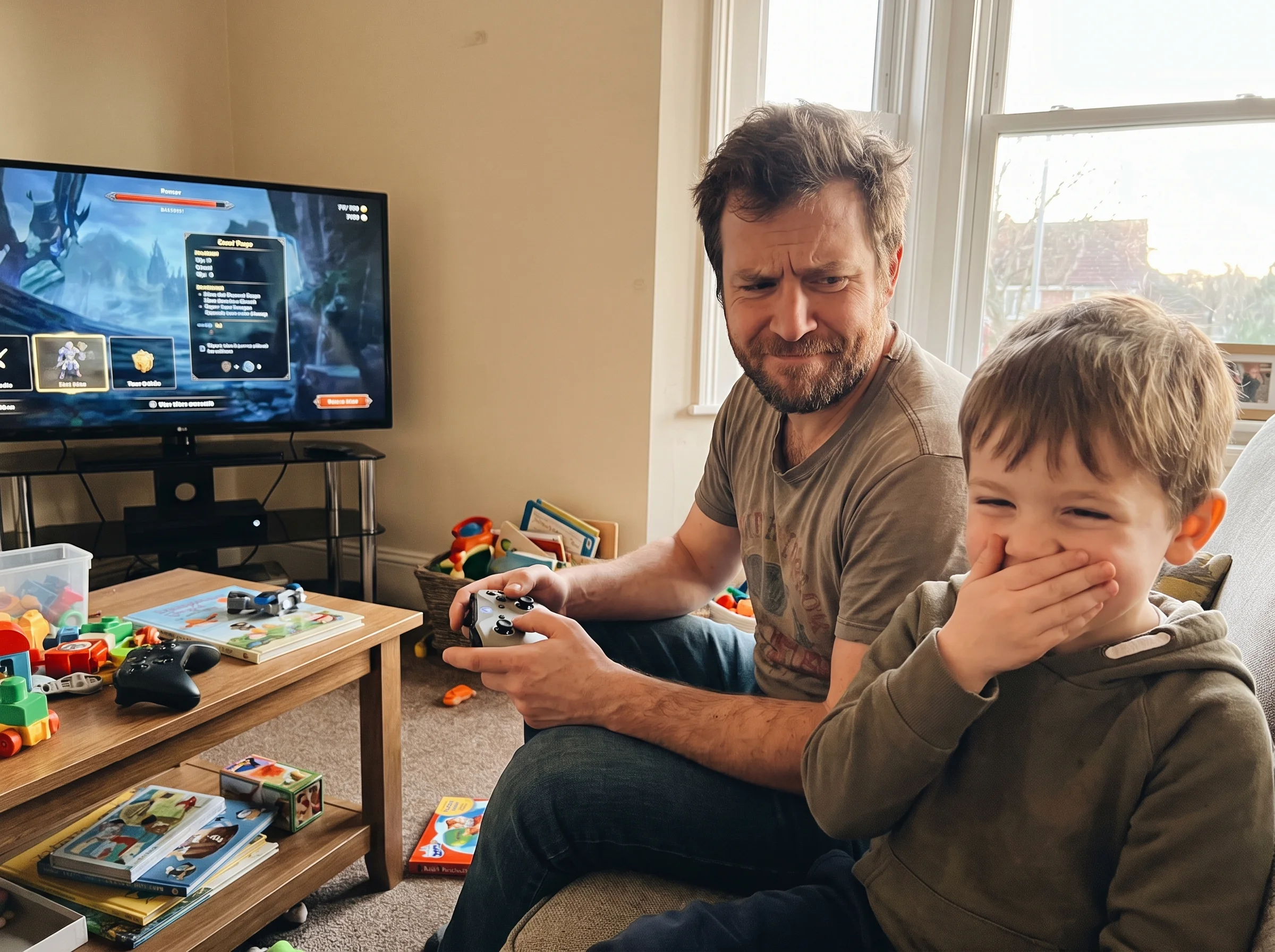 A dad holding a game controller with a slightly frustrated but self-aware expression, sitting next to his son who is trying n