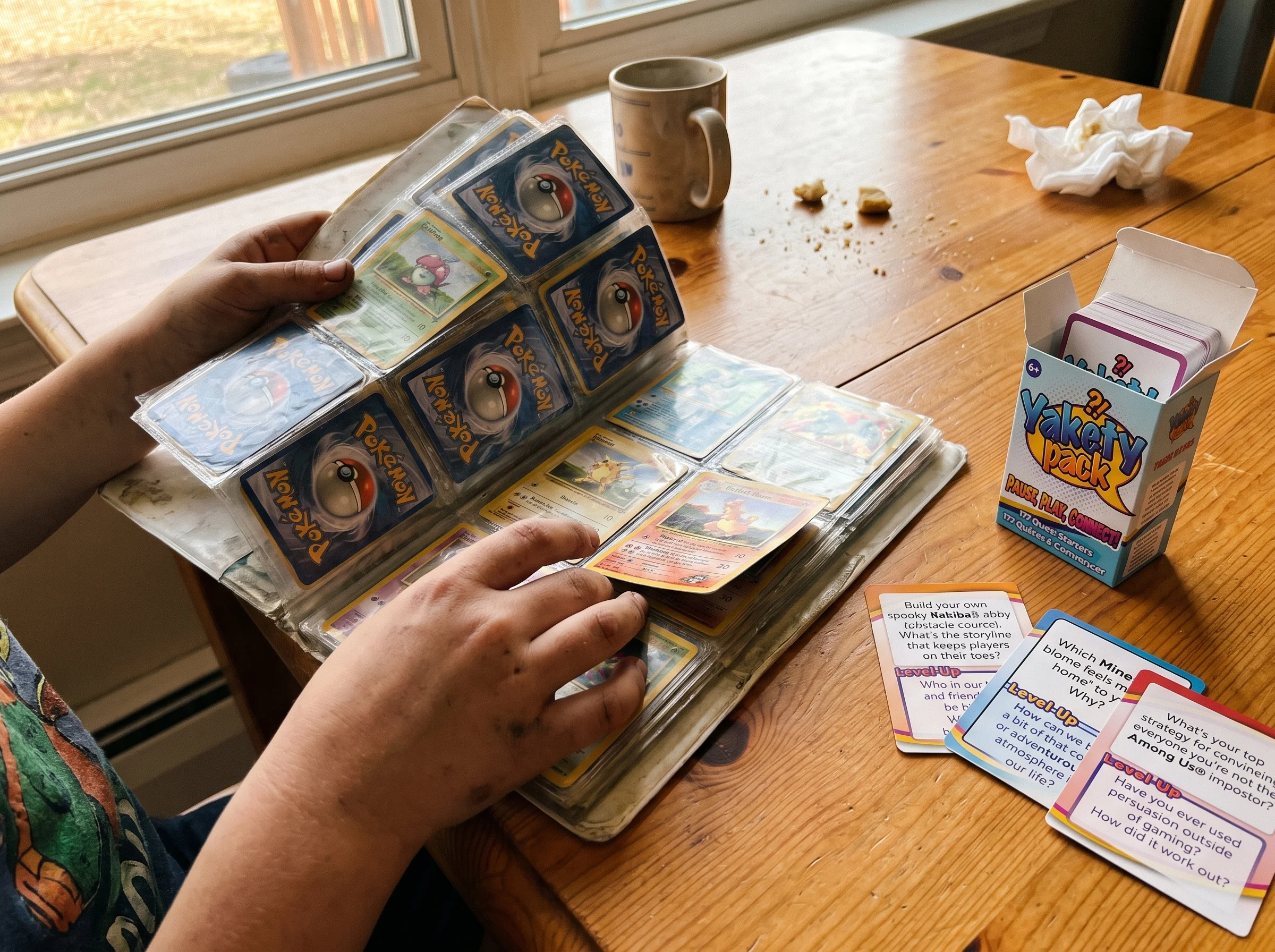 Close-up of a kid's hands holding a worn Pokemon card binder open to a page of cards, casual kitchen table setting