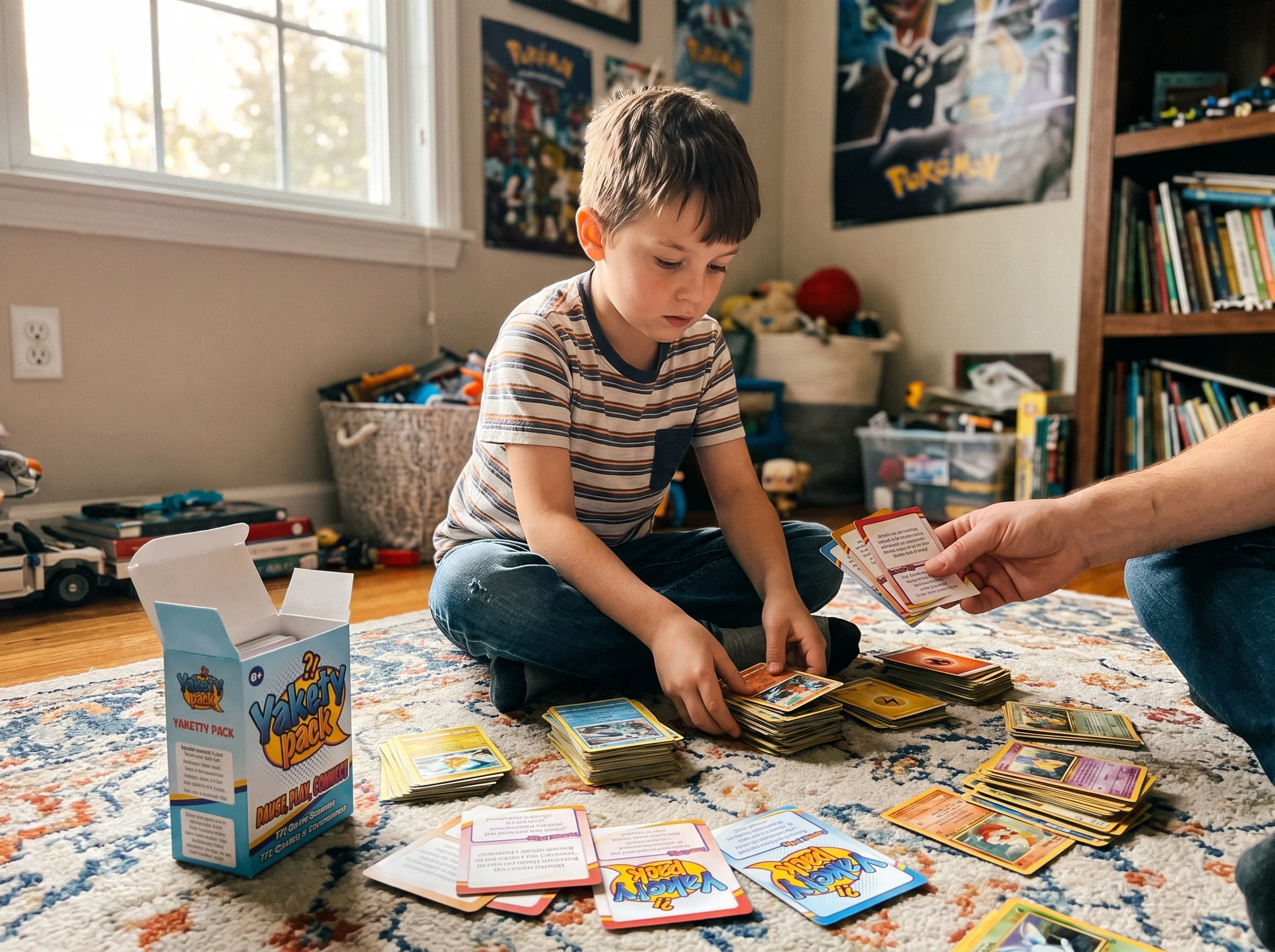 A kid sitting cross-legged on the floor of their bedroom organizing Pokemon cards into piles, focused and serious, natural wi