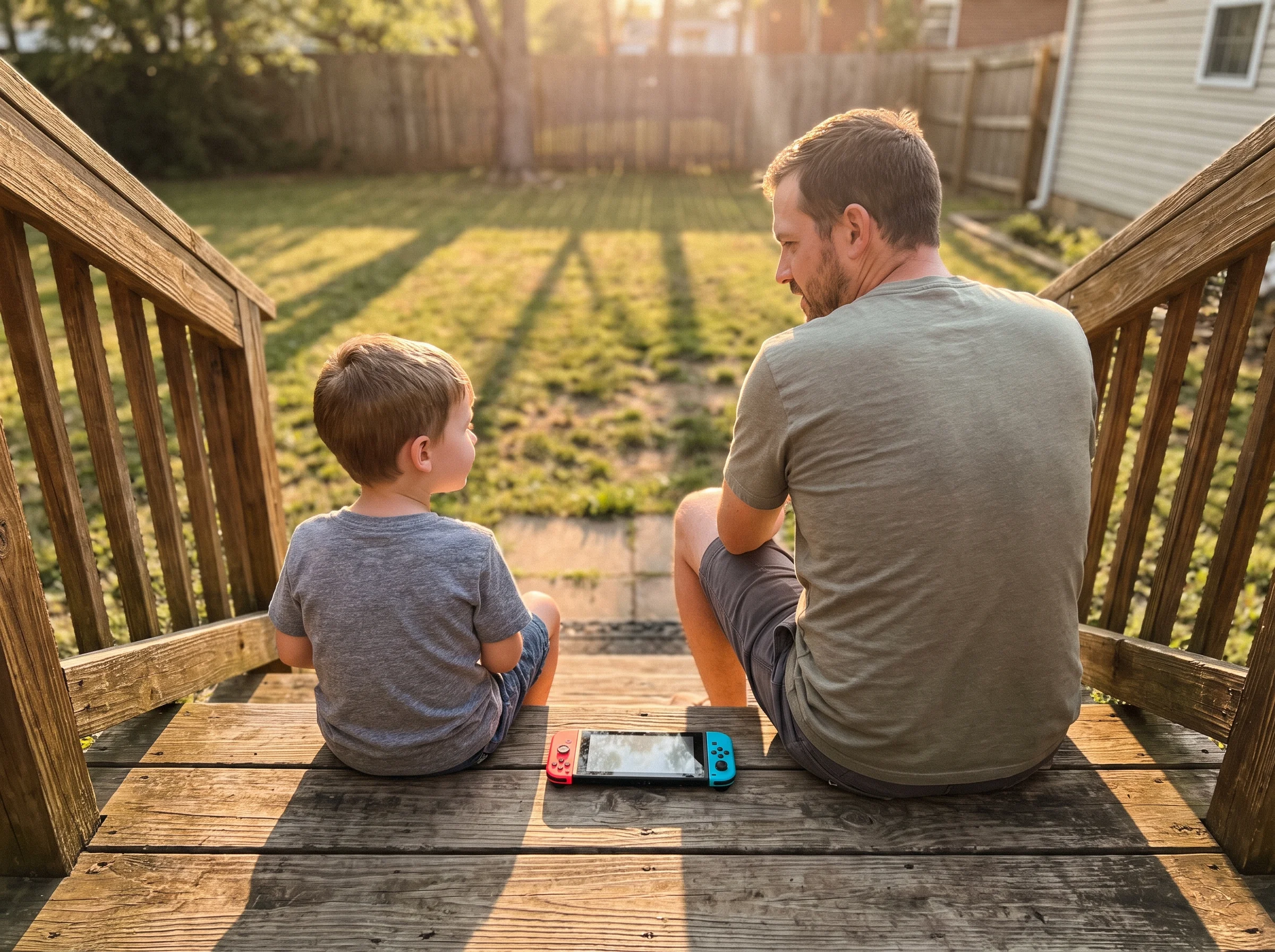 Dad and son sitting on the back porch steps at golden hour, side by side not face to face, both looking out at the yard with 