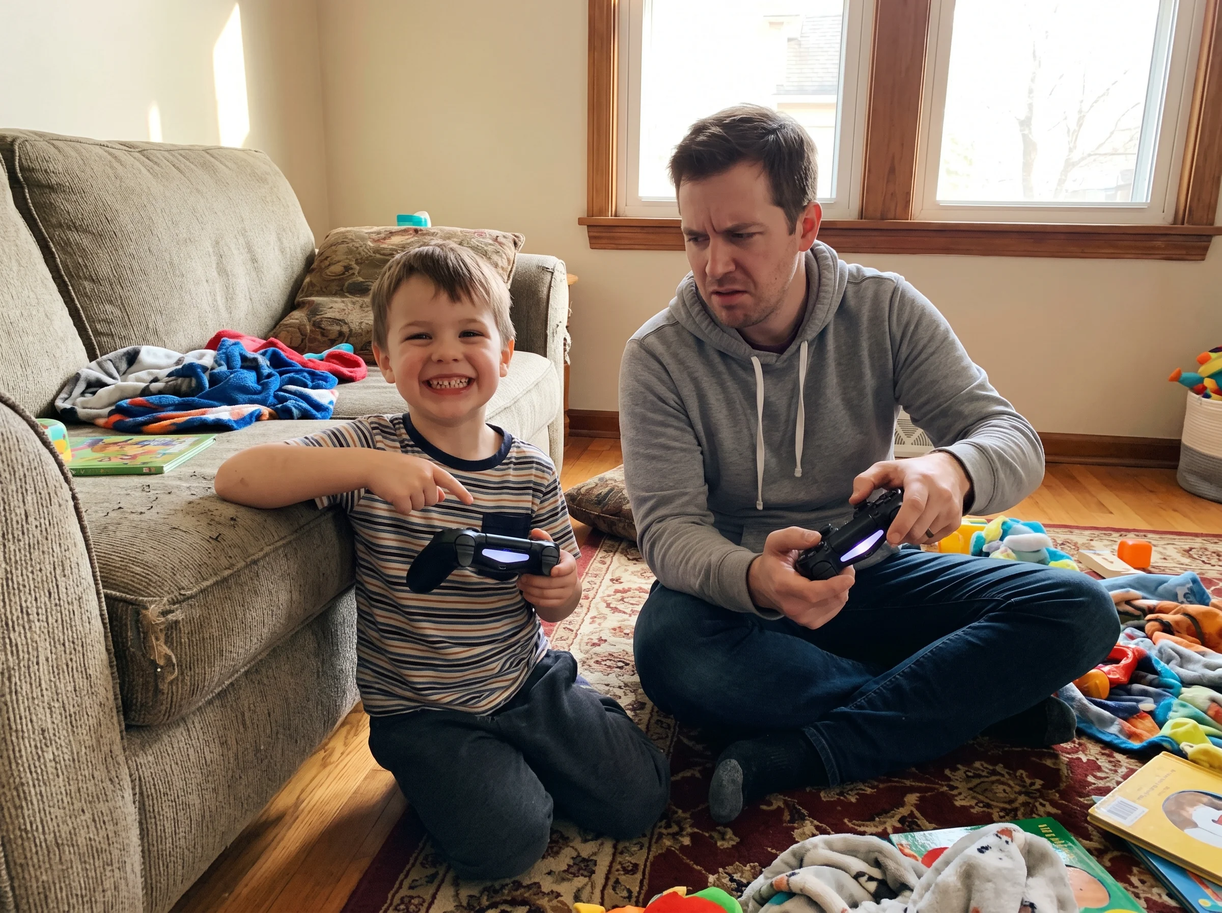 A kid grinning while teaching a slightly confused-looking dad how to use a controller, both sitting on the floor leaning agai
