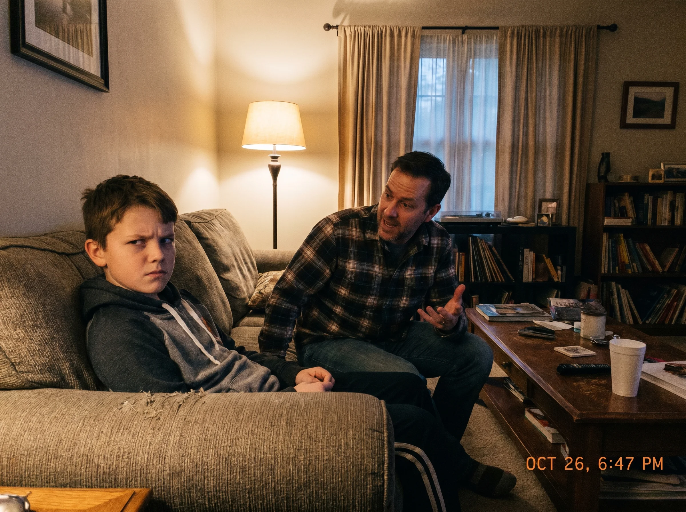 A preteen boy sitting on a couch with a slightly skeptical expression while his dad leans in mid-sentence, evening living roo