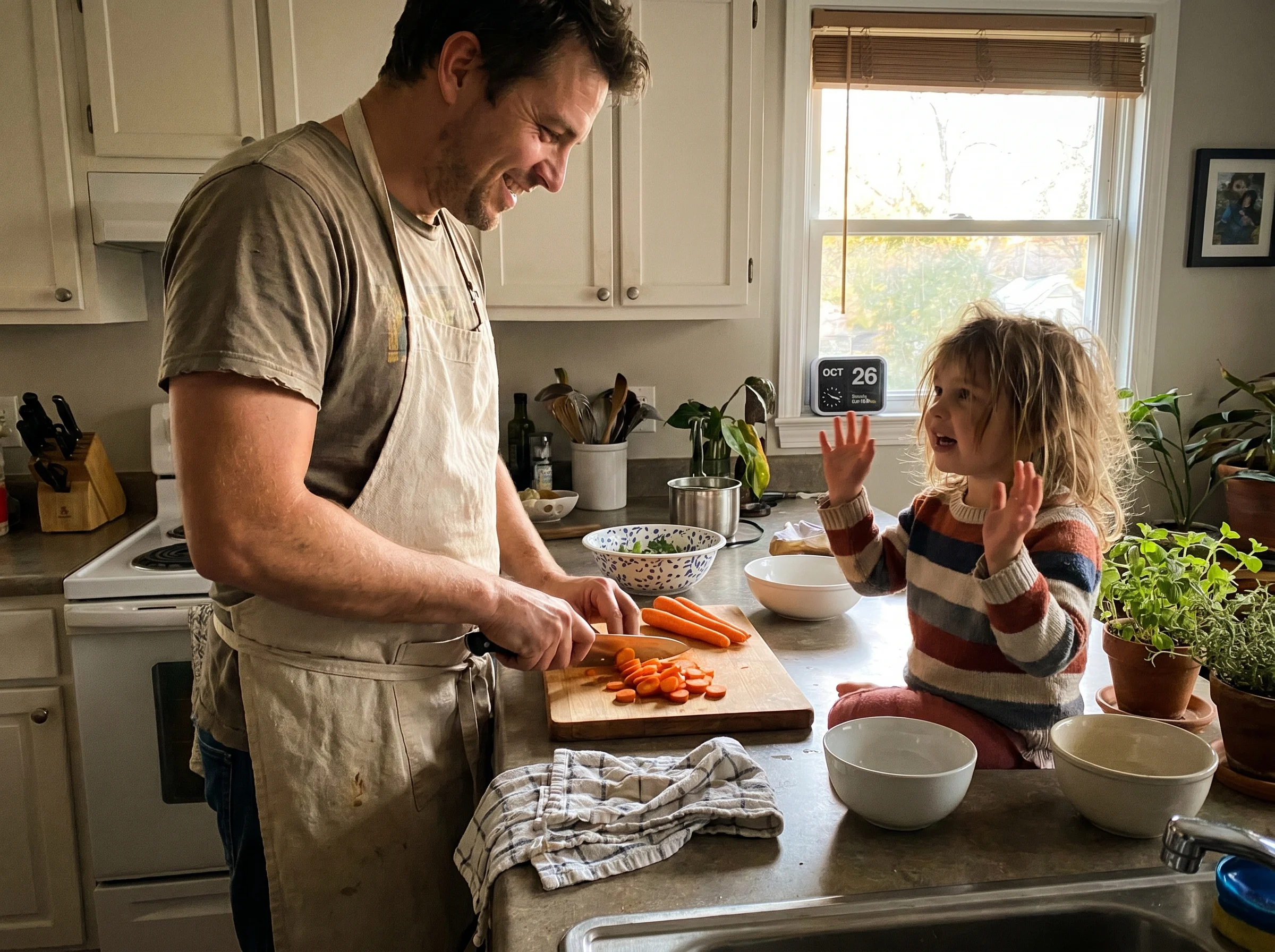 A dad chopping vegetables at a kitchen counter while his daughter sits on a stool nearby gesturing animatedly, soft warm ligh