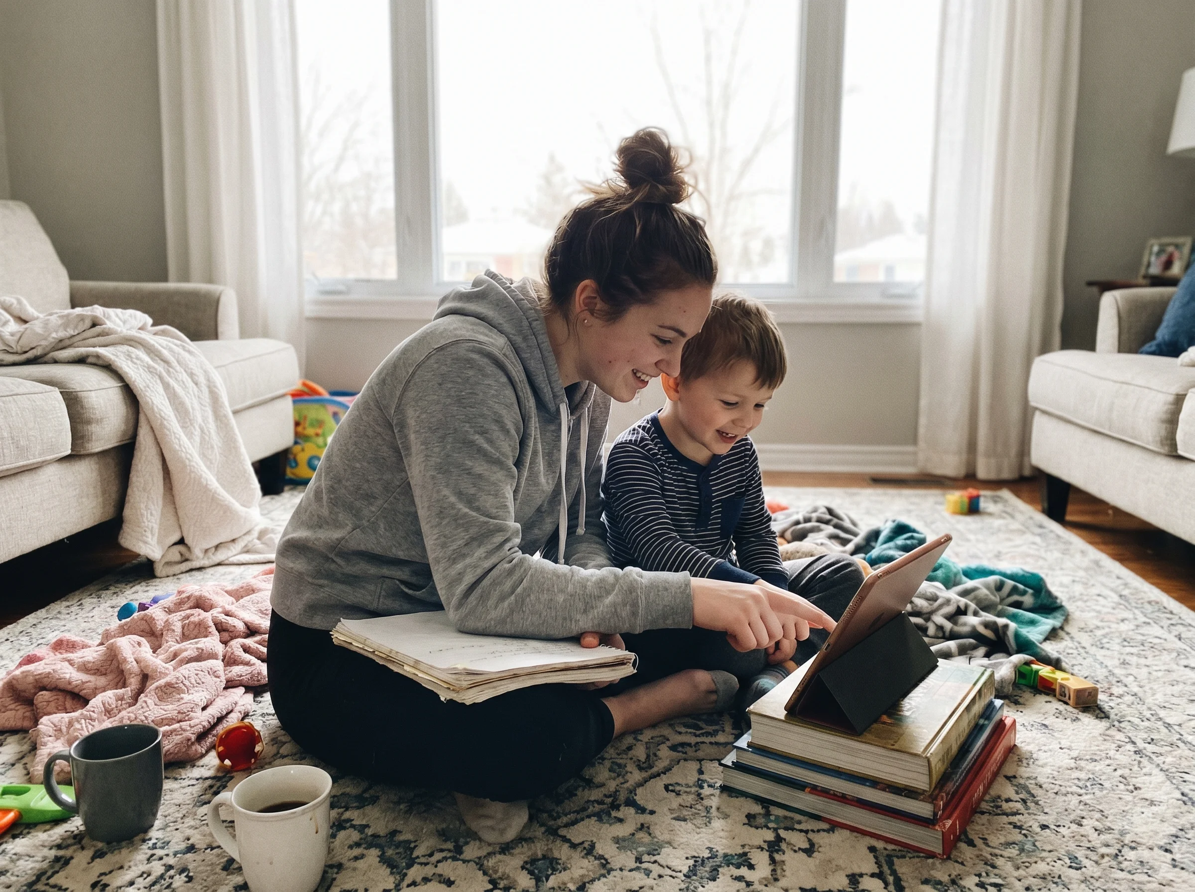 An older sibling sitting on the floor showing a younger sibling something on a tablet or notebook, both leaning in, soft natu