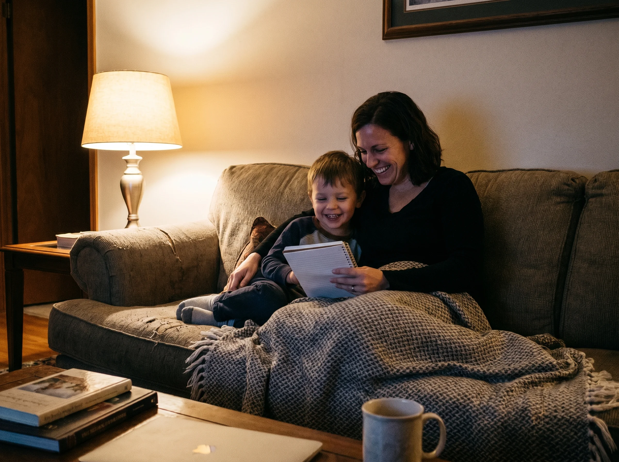A parent and child sitting close on a couch in the evening, a small notebook between them, both smiling at something on the p