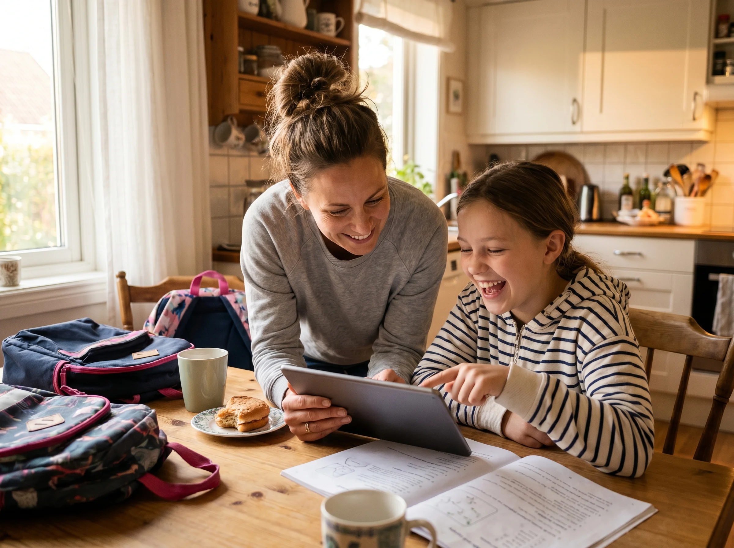 Mom and tween daughter at the kitchen table, daughter laughing while showing mom something on her tablet, casual after-school