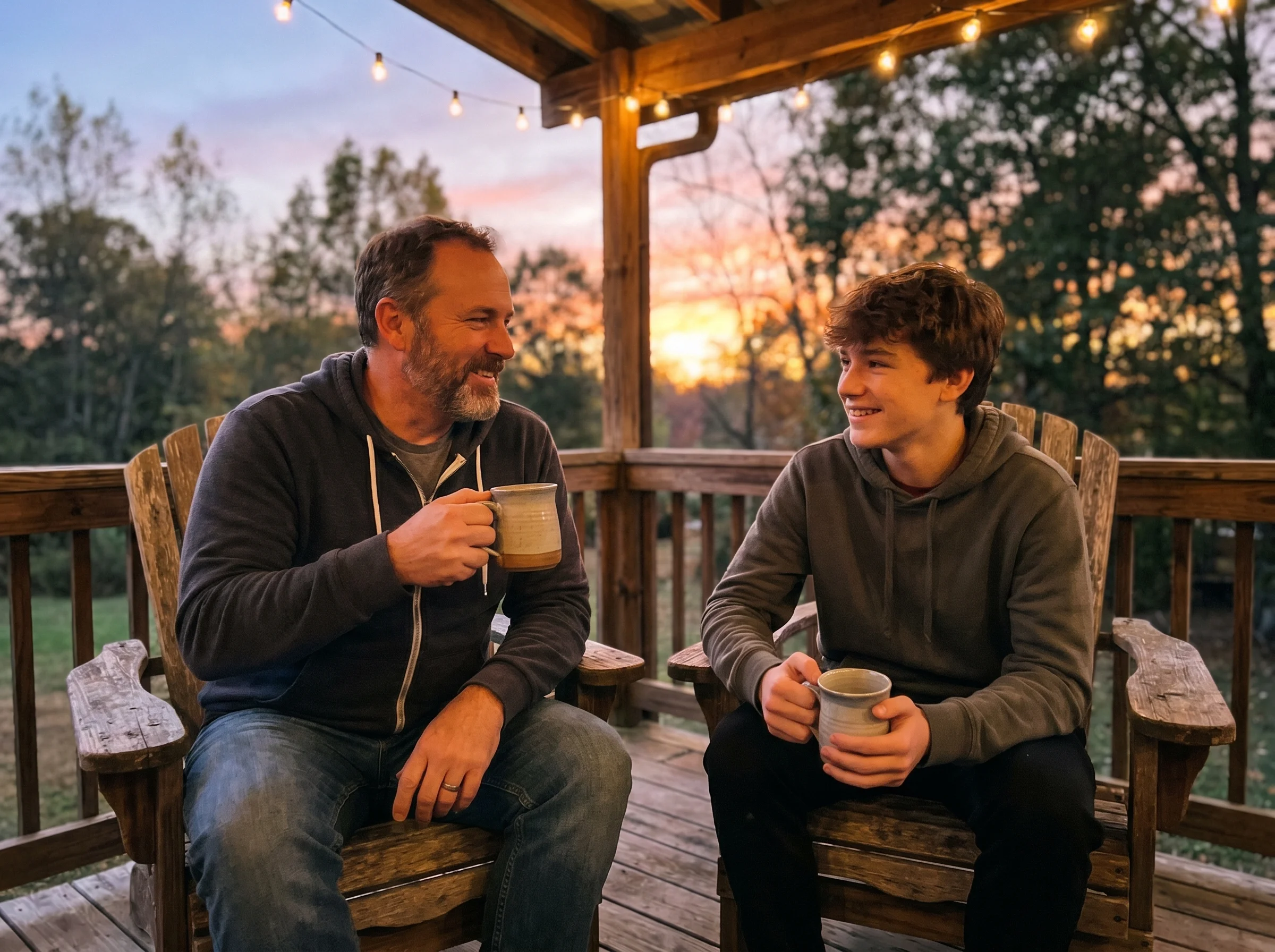Dad and son sitting side by side on the back porch at dusk, both holding mugs, casual conversation moment