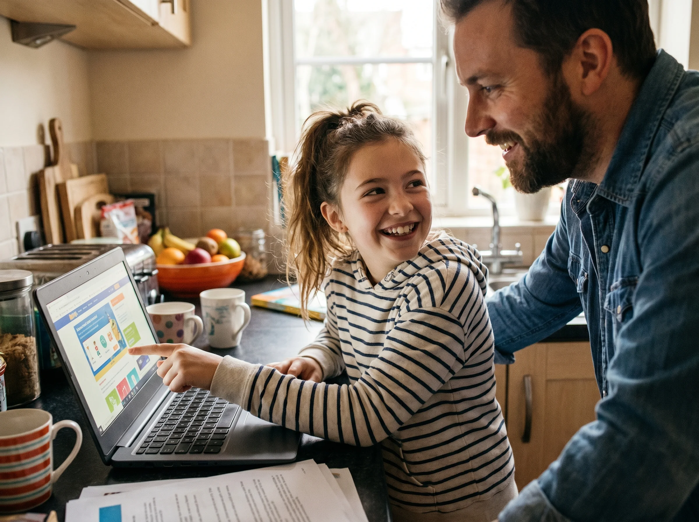 Tween kid grinning at parent while pointing at a laptop screen, "teaching" moment, kitchen counter in background