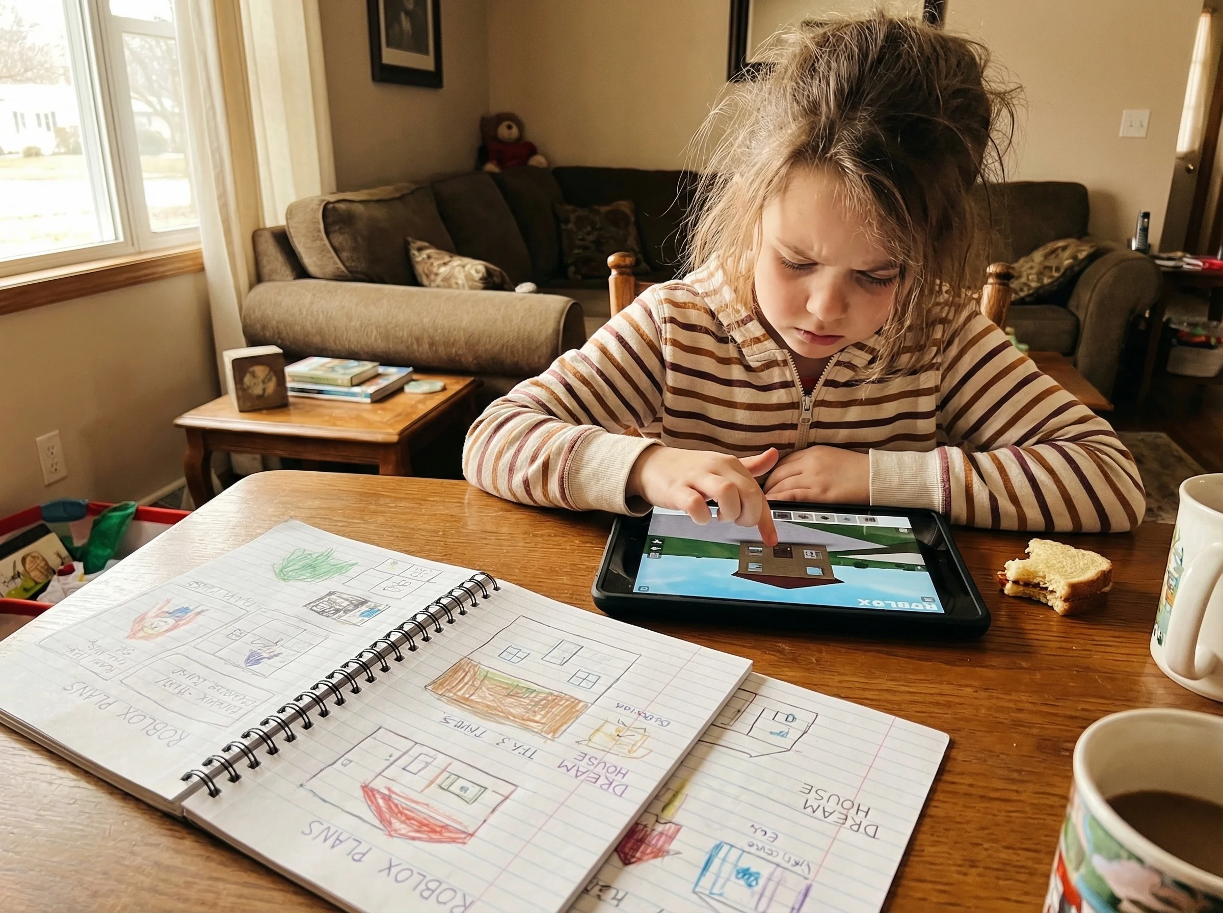 A young girl intensely focused on her tablet, building something in Roblox, with notebooks full of sketches and plans spread