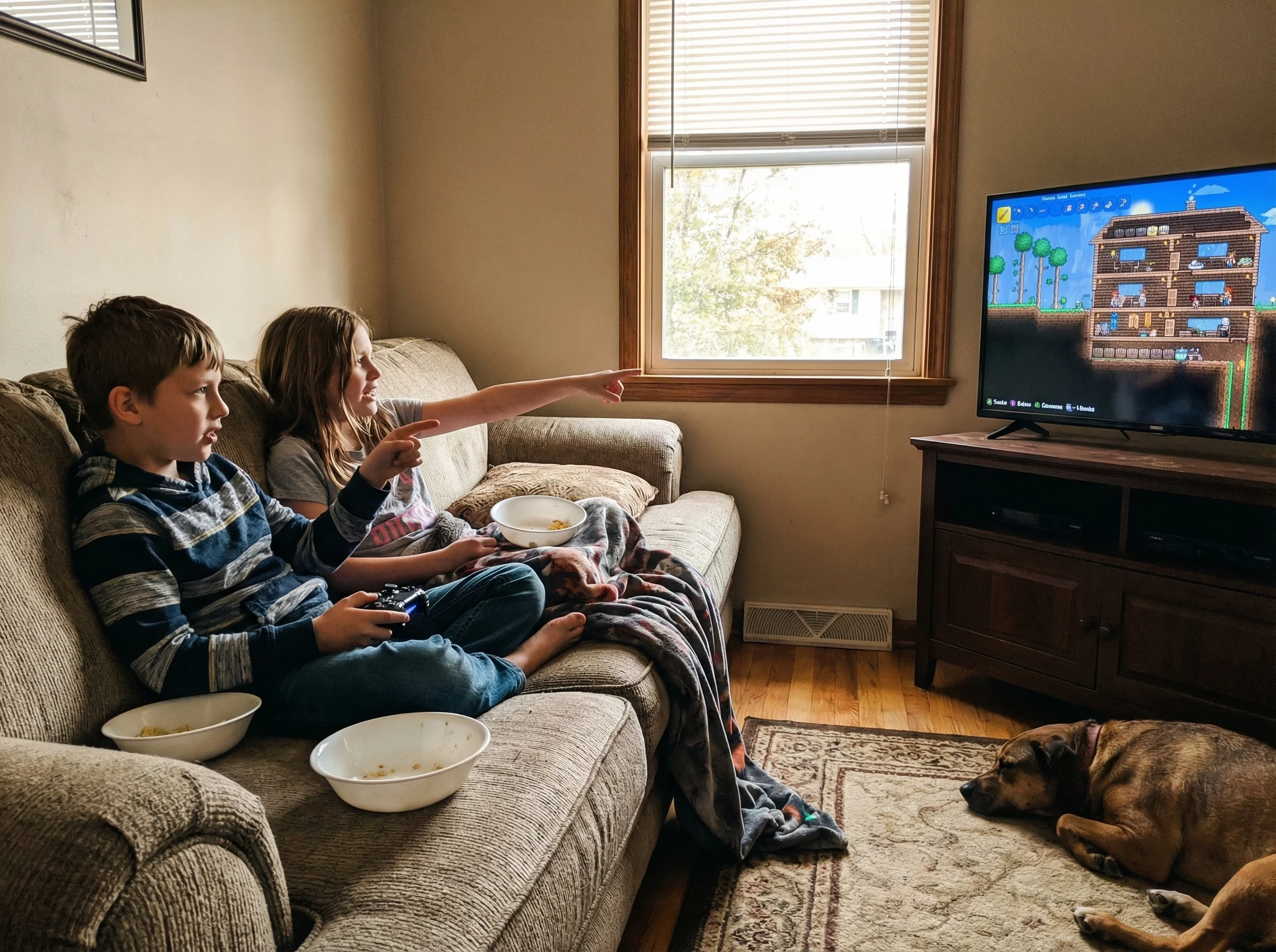 Two kids on a couch, one playing on a console while showing the other their Terraria base on the TV screen, both engaged in a